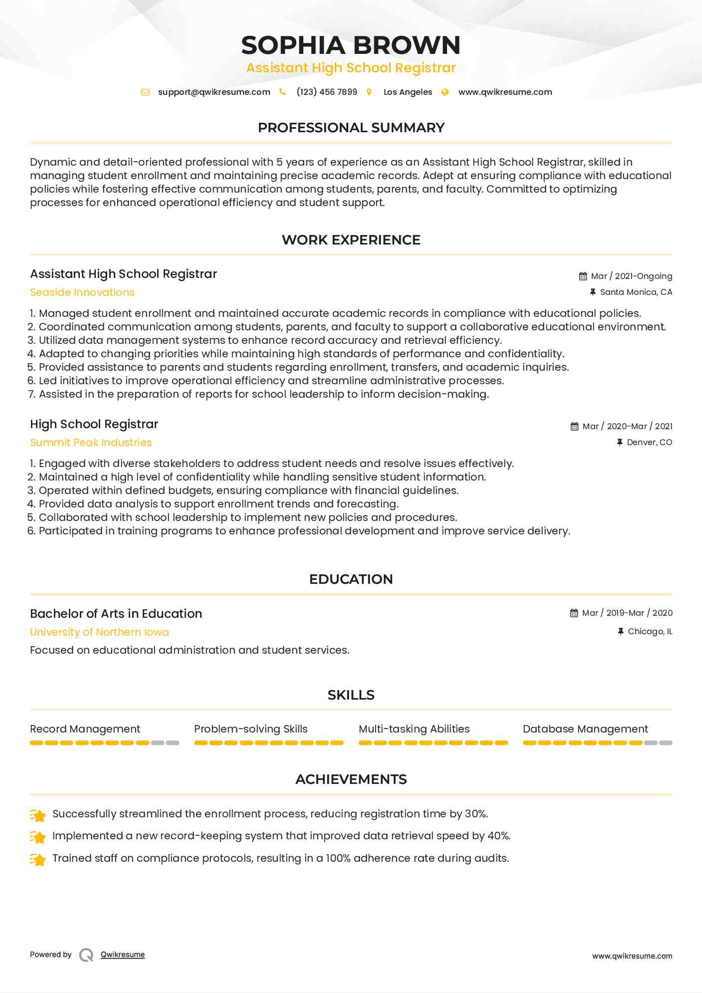 Assistant High School Registrar Resume Model