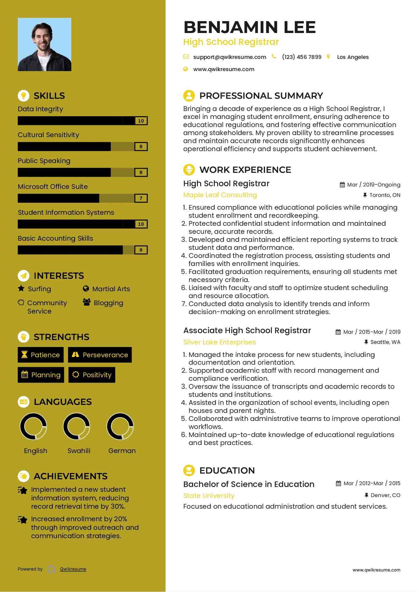 High School Registrar Resume Example