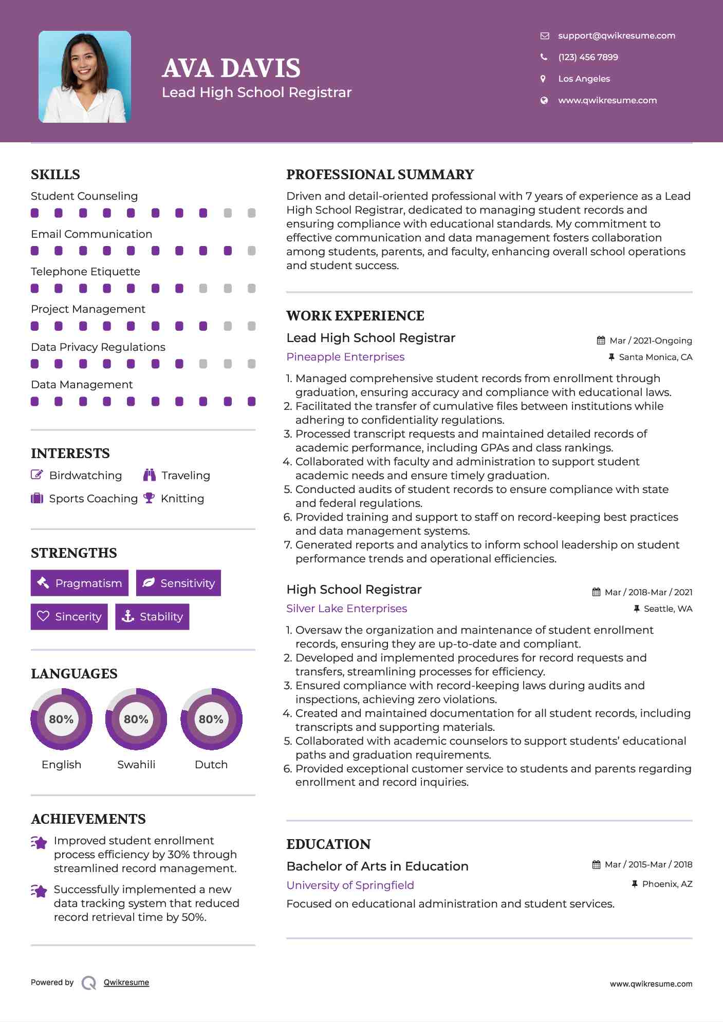 Lead High School Registrar Resume Example