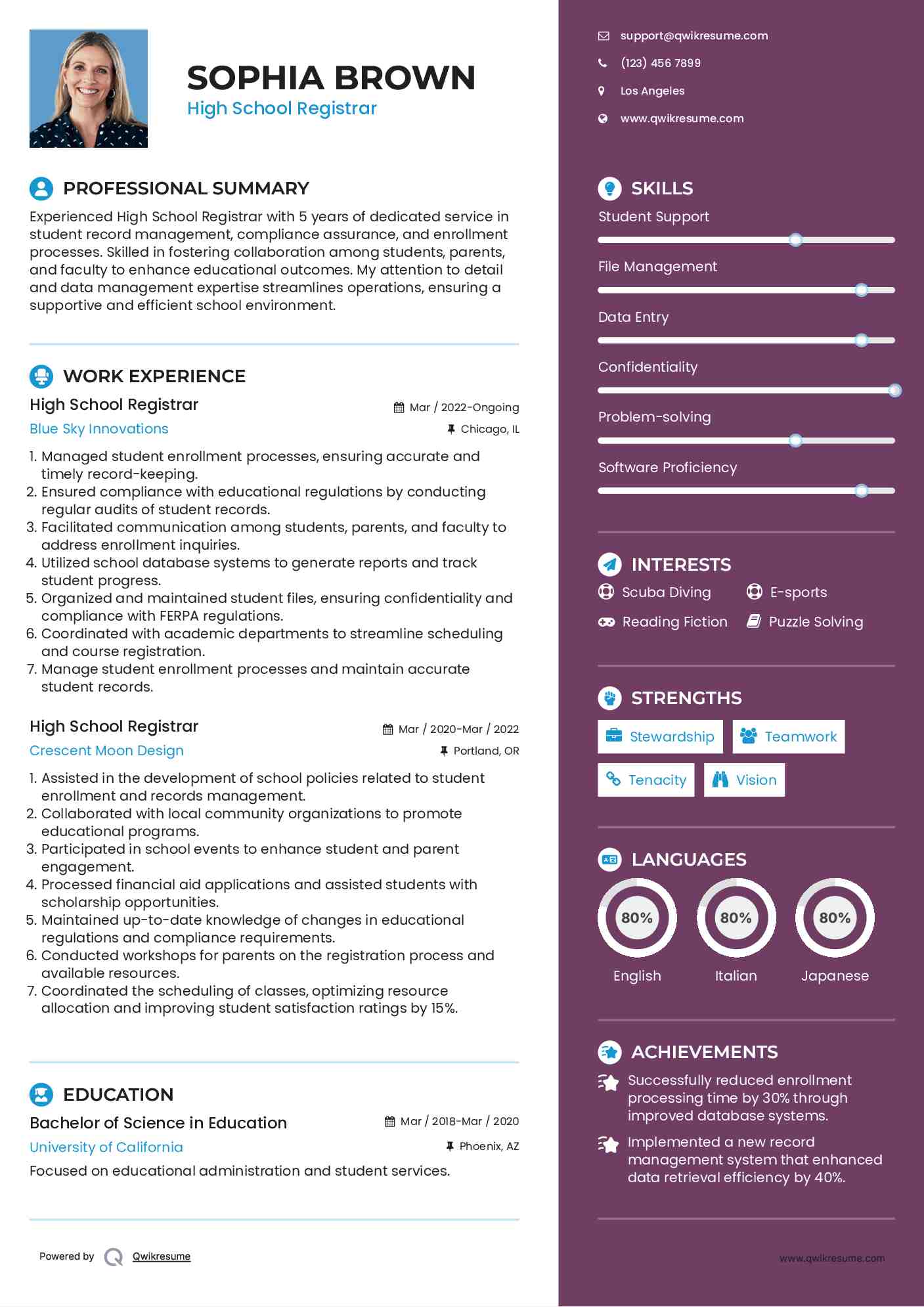 High School Registrar Resume Sample