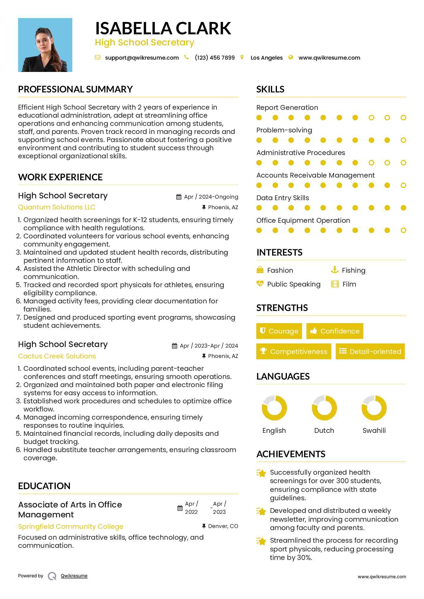 High School Secretary Resume Template
