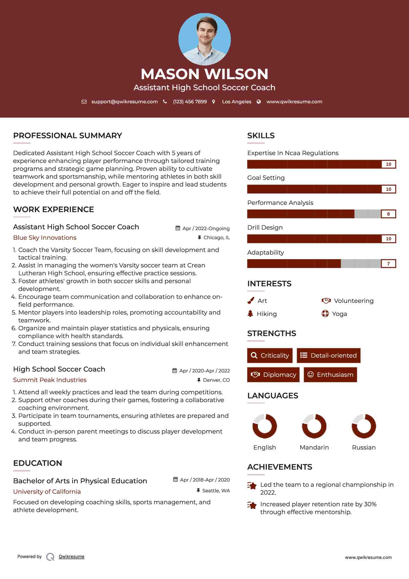 Assistant High School Soccer Coach Resume Template