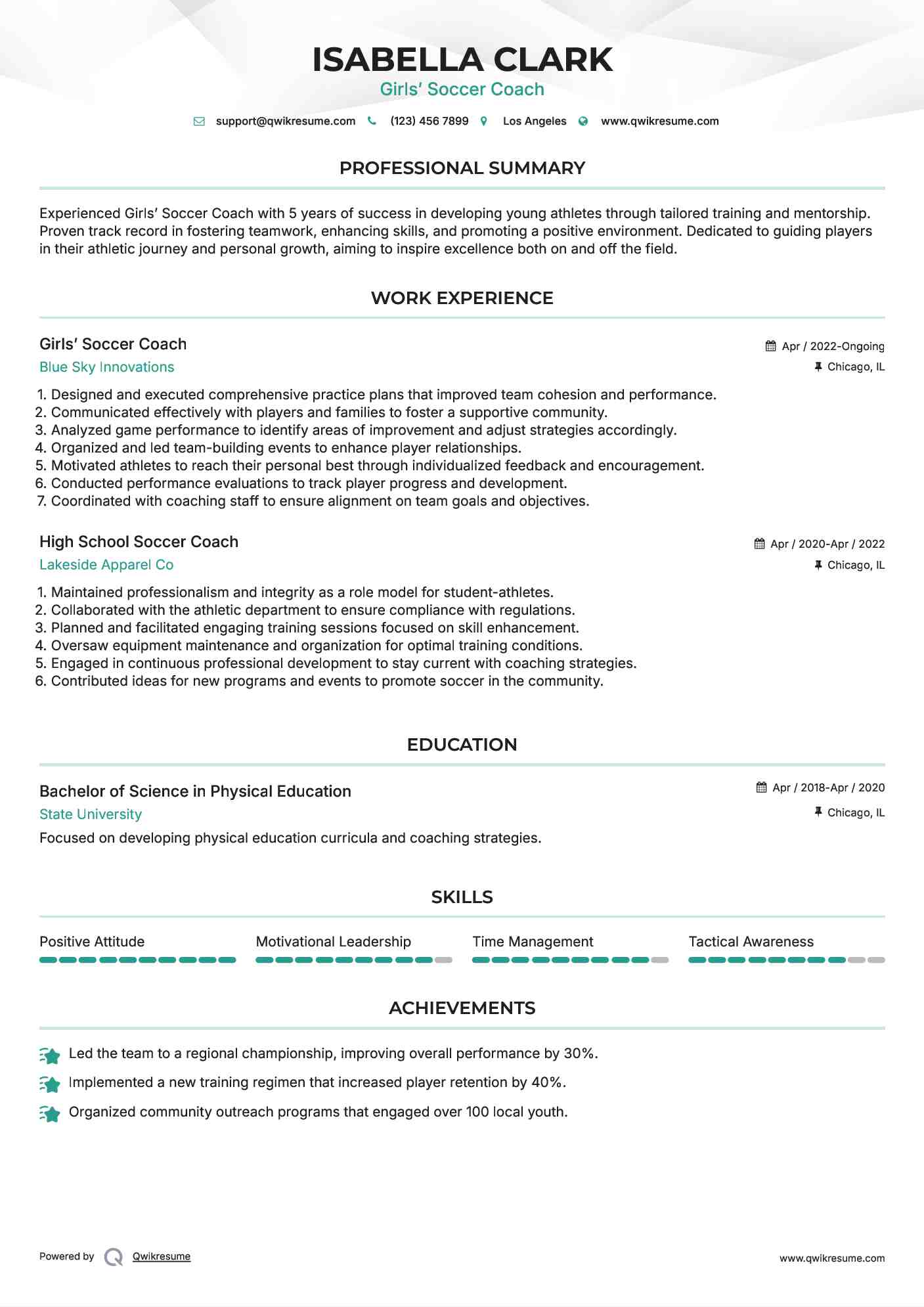 Girls’ Soccer Coach Resume Example