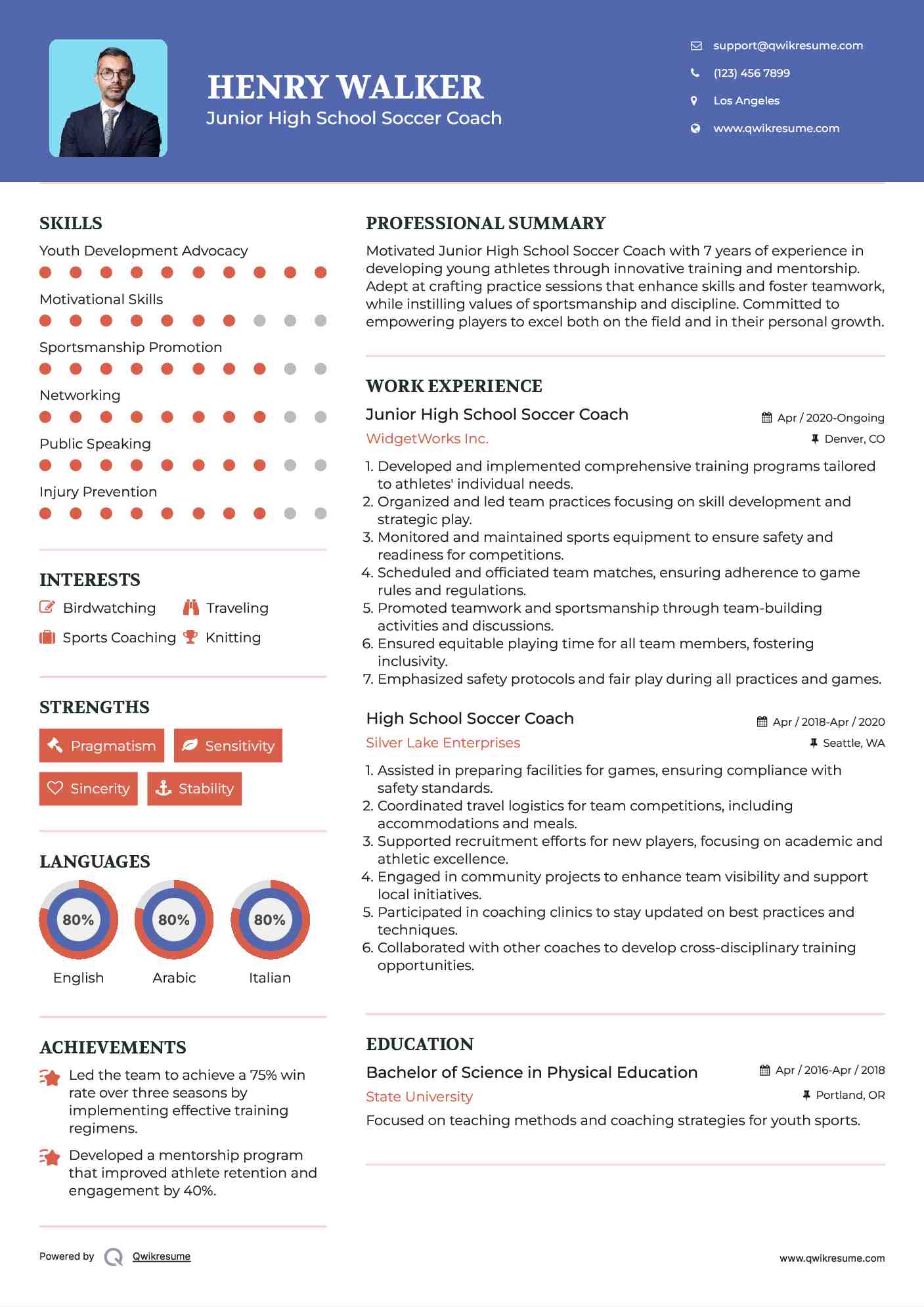 Junior High School Soccer Coach Resume Model