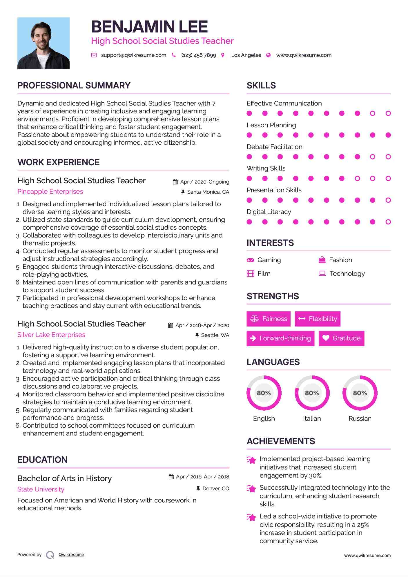 High School Social Studies Teacher Resume Format