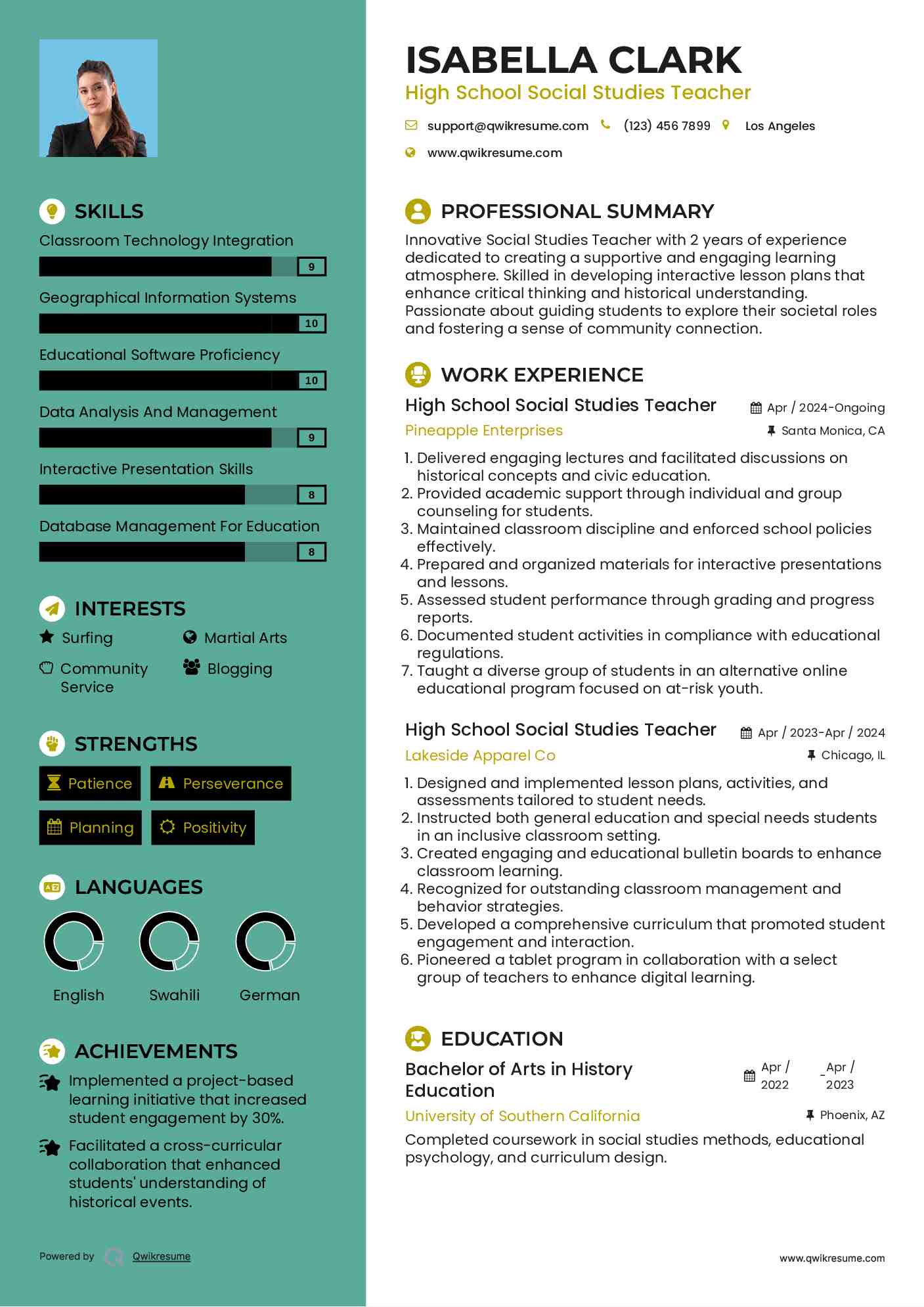 High School Social Studies Teacher Resume Sample