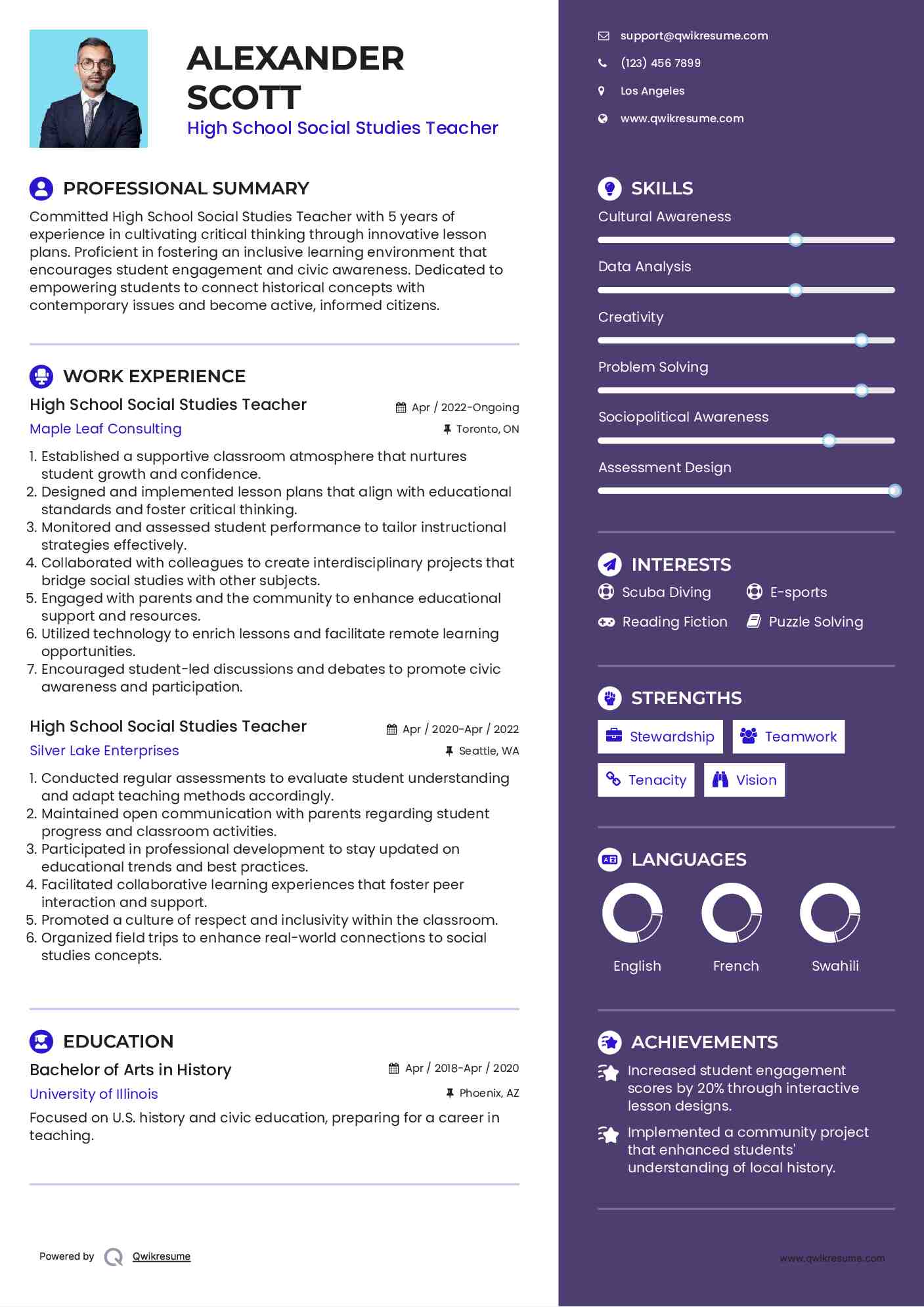 High School Social Studies Teacher Resume Sample