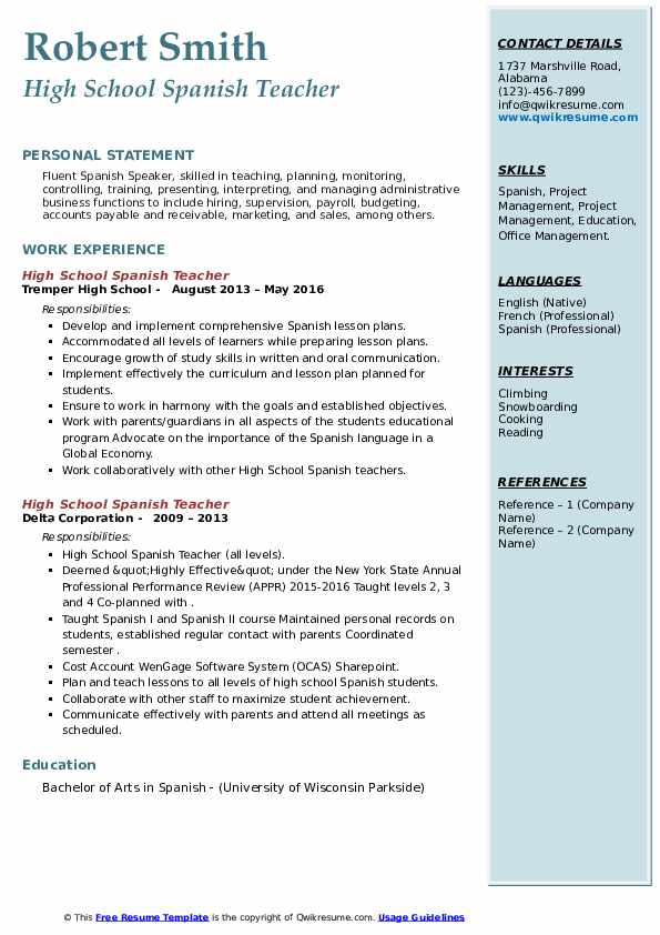 High School Spanish Teacher Resume - High School Spanish Teacher 1615561533 Pdf 