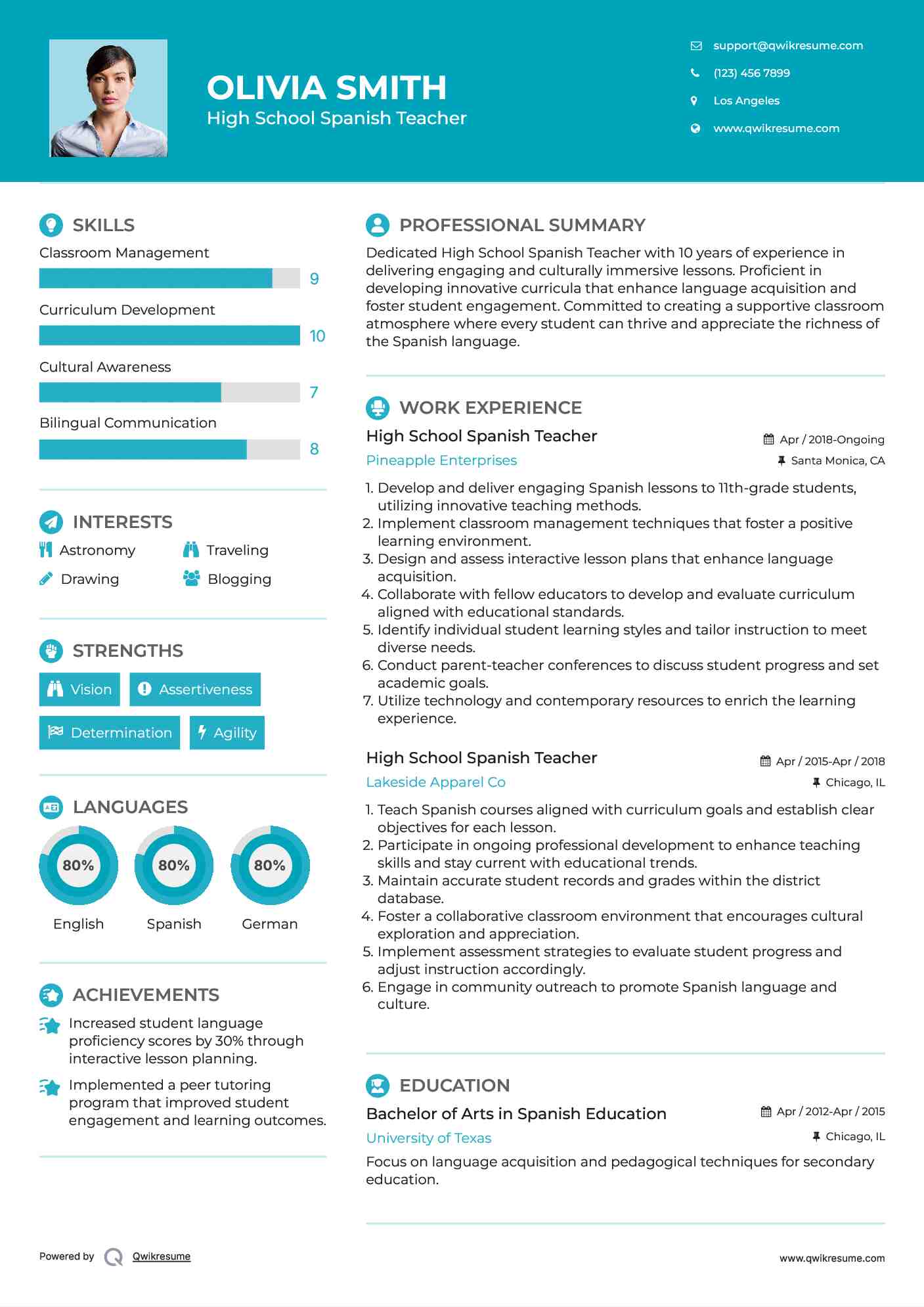 High School Spanish Teacher Resume Template