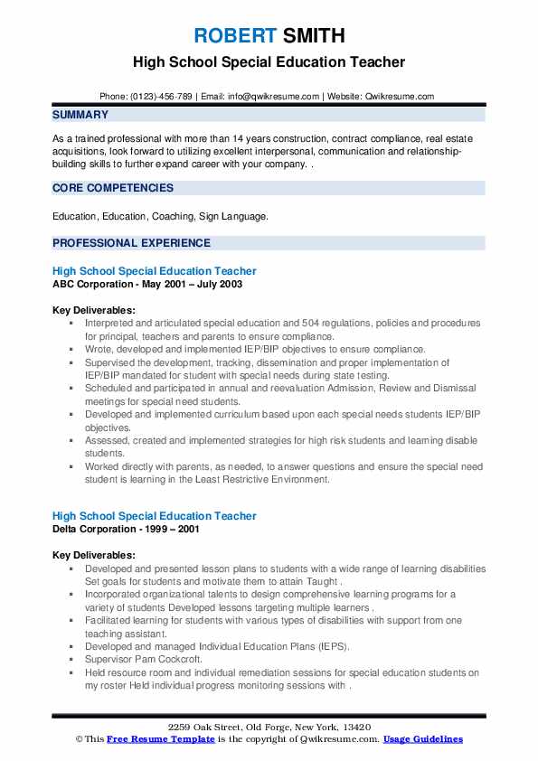 High School Special Education Teacher Resume Samples QwikResume