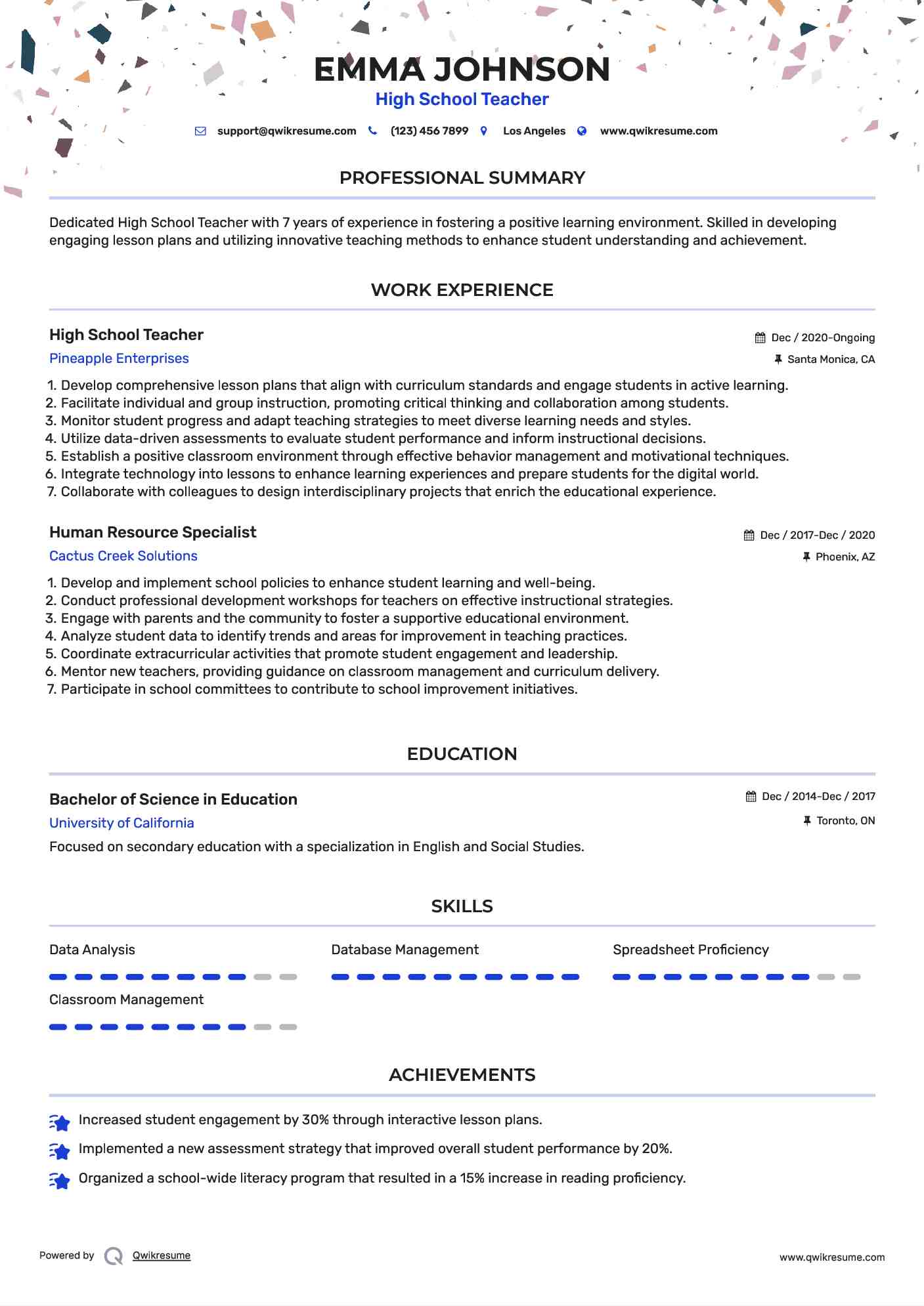 High School Teacher Resume Sample