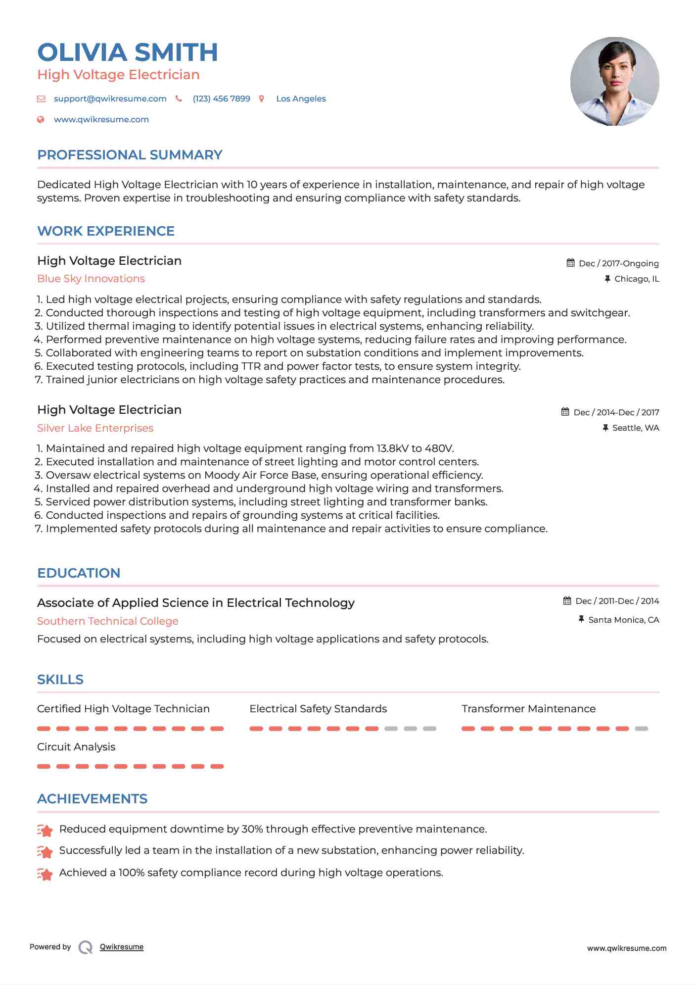 High Voltage Electrician Resume Samples QwikResume