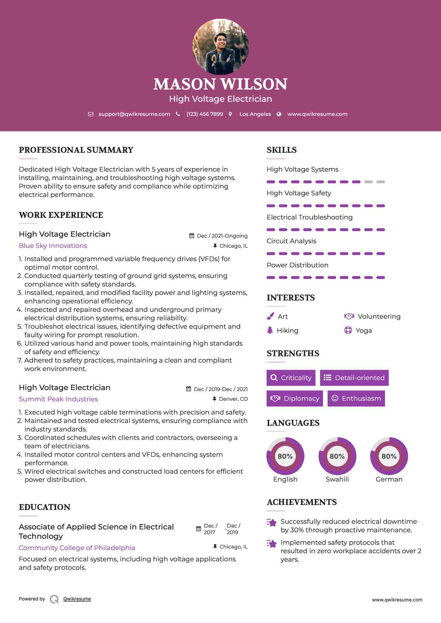High Voltage Electrician Resume Samples QwikResume