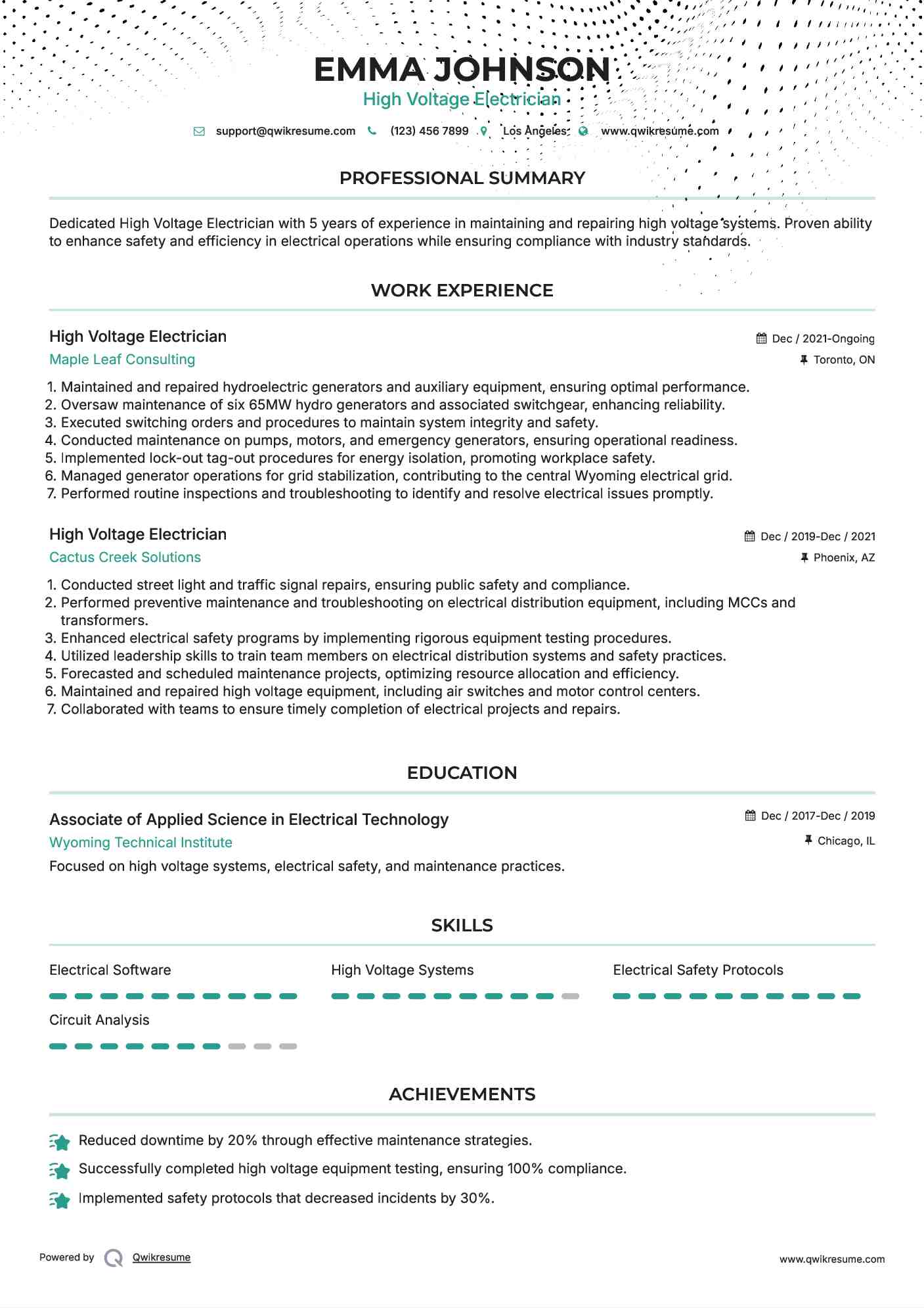 High Voltage Electrician Resume Format