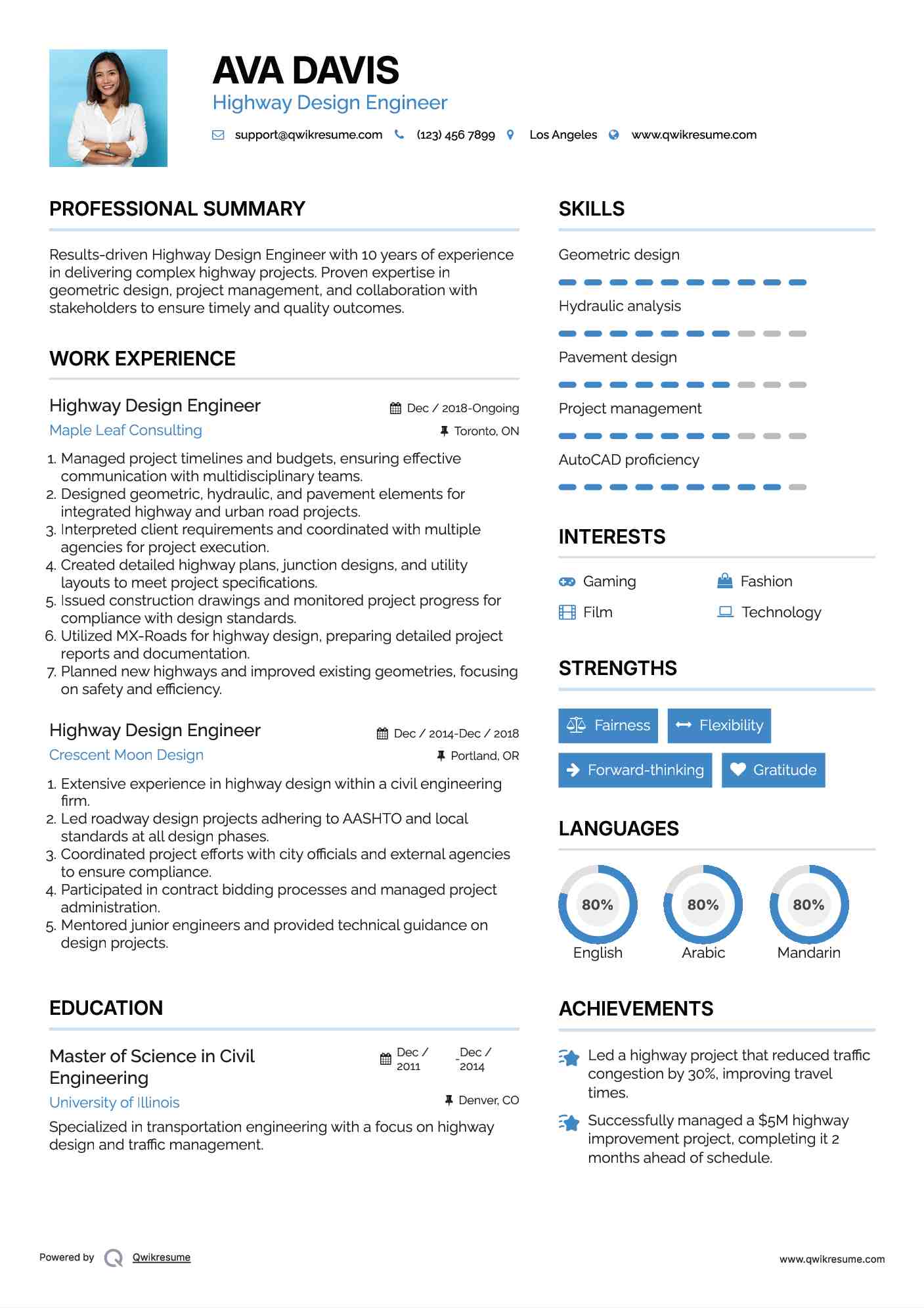 Highway Design Engineer Resume Example