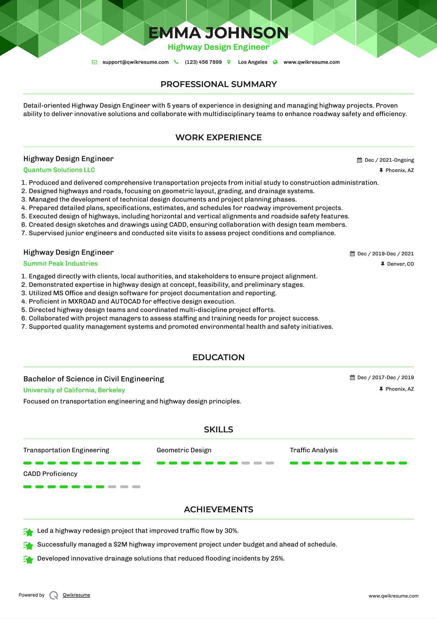 Highway Design Engineer Resume Model