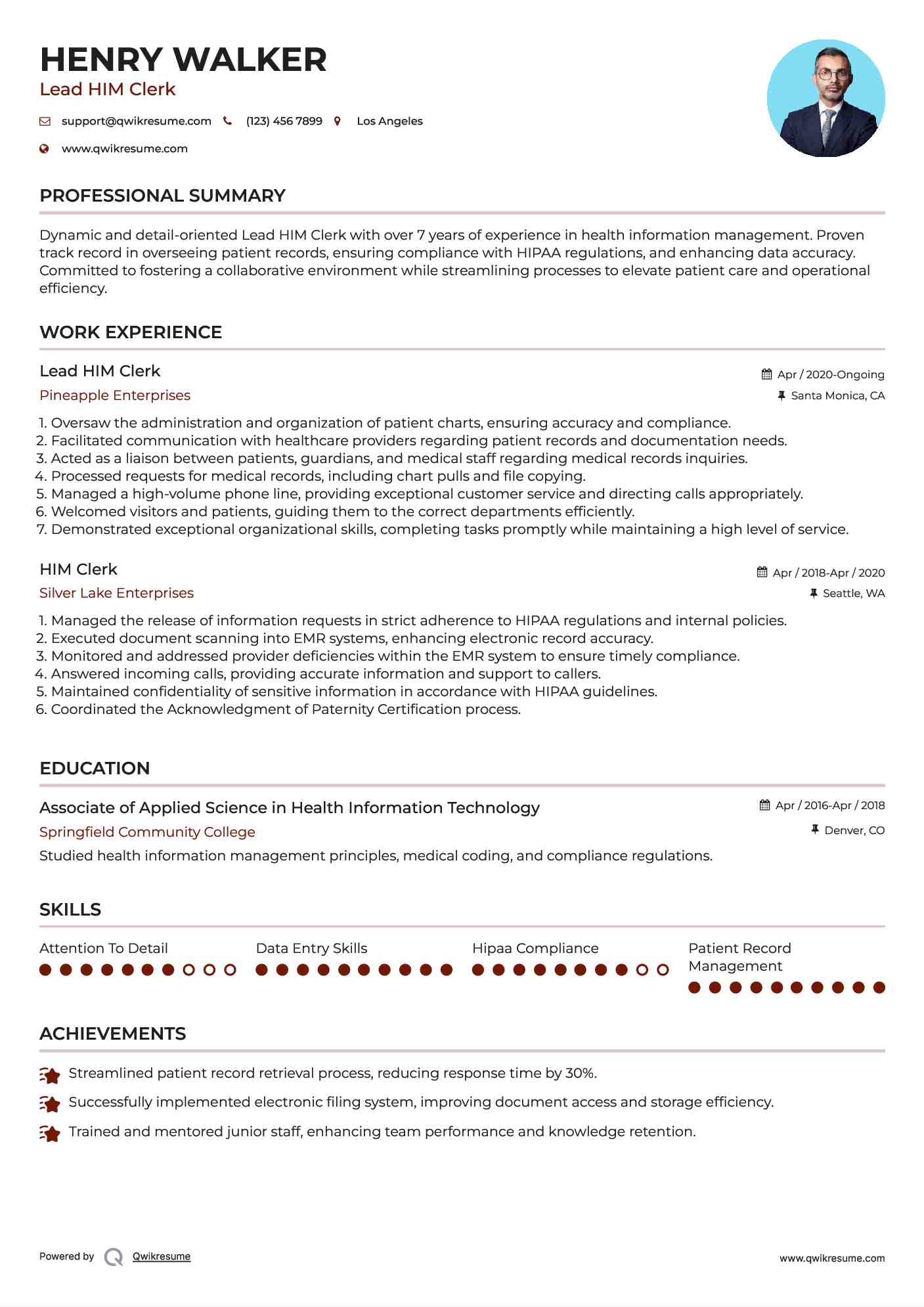 Lead HIM Clerk Resume Model