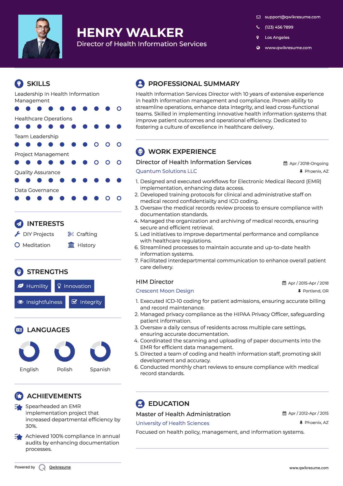 Director of Health Information Services Resume Example