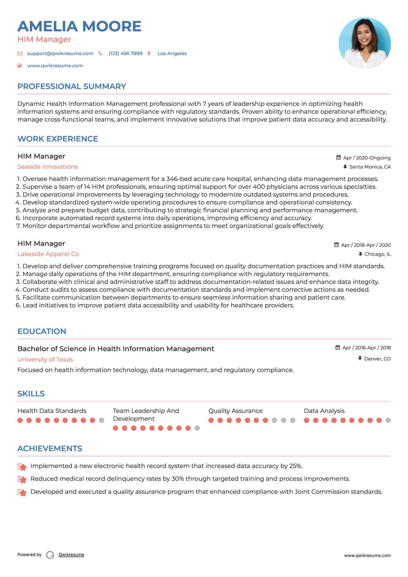 HIM Manager Resume Model