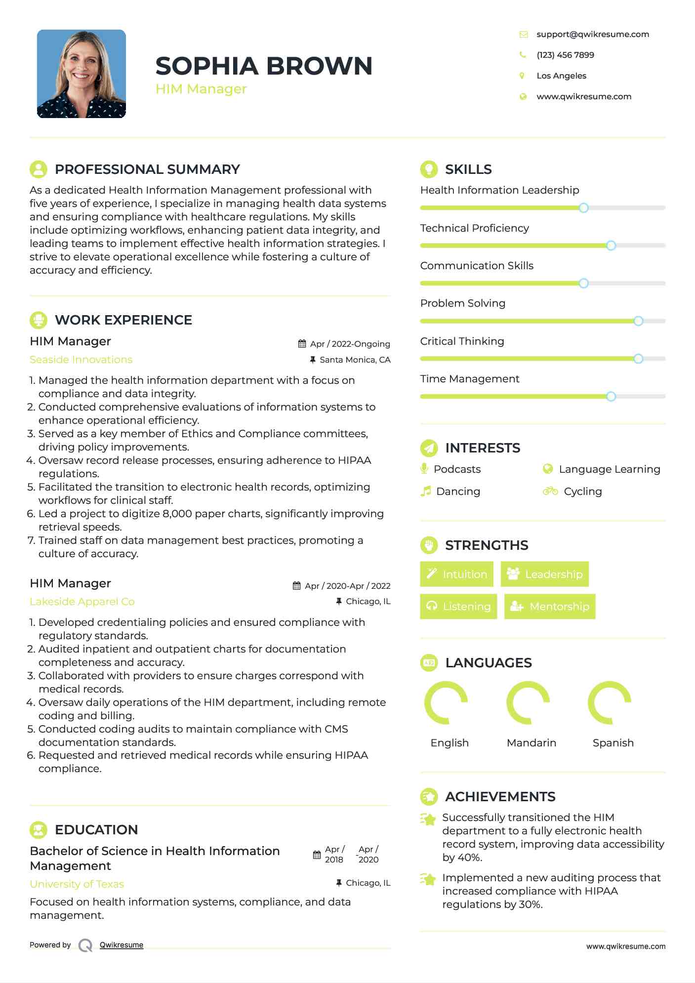 HIM Manager Resume Model