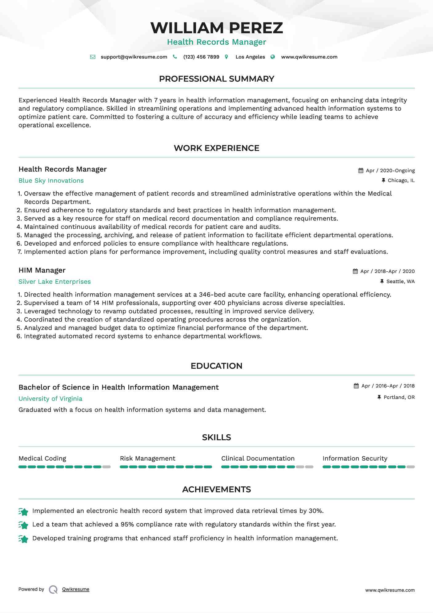 Health Records Manager Resume Template