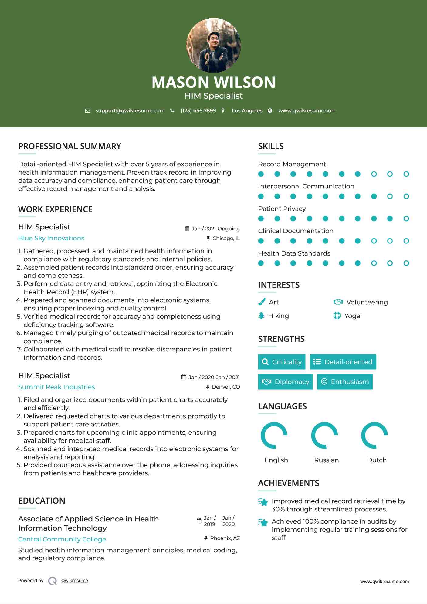 HIM Specialist Resume Sample