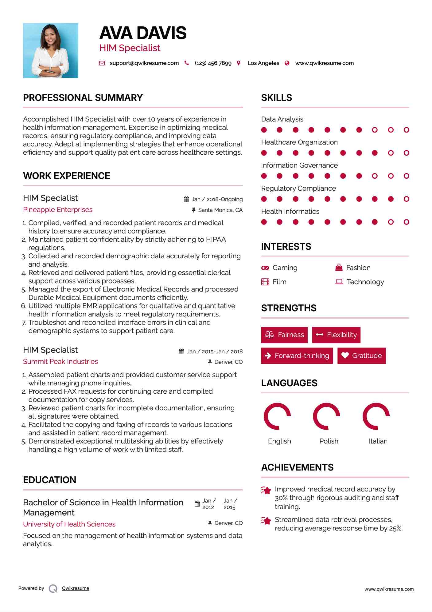 HIM Specialist Resume Samples | QwikResume