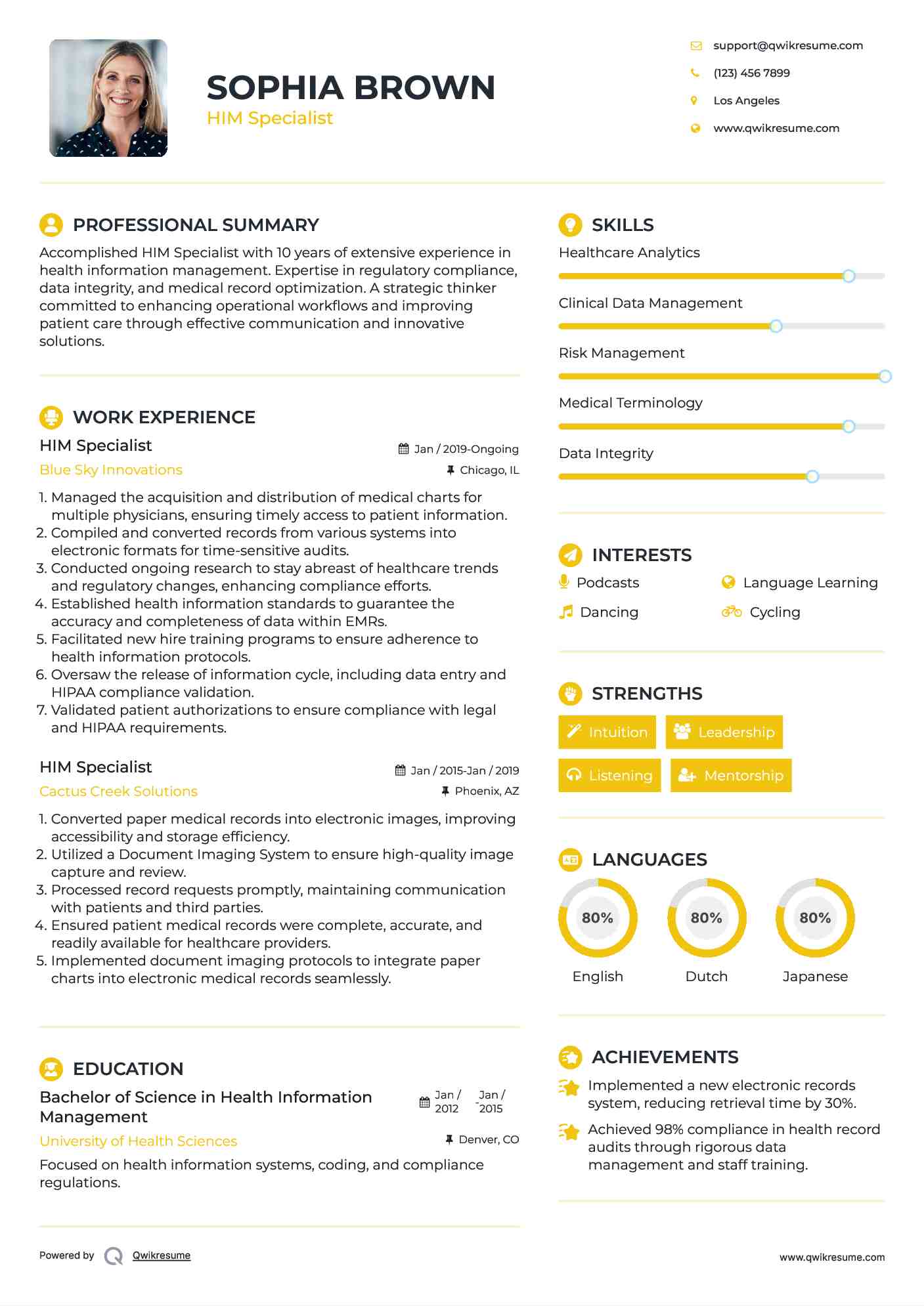 HIM Specialist Resume Samples | QwikResume