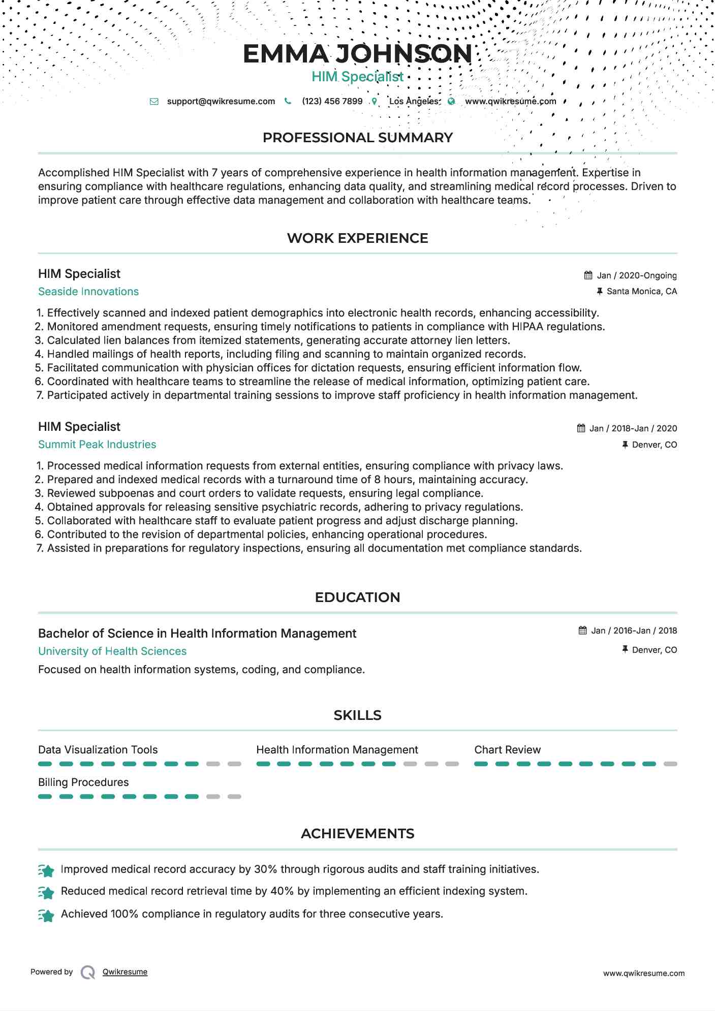 HIM Specialist Resume Model