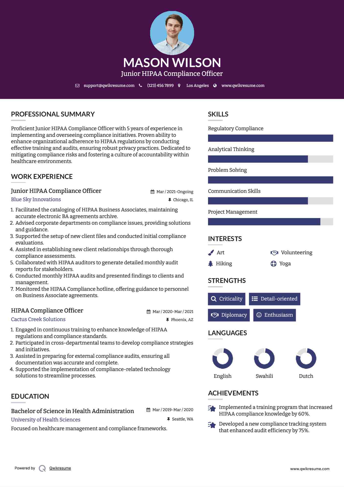 Junior HIPAA Compliance Officer Resume Sample
