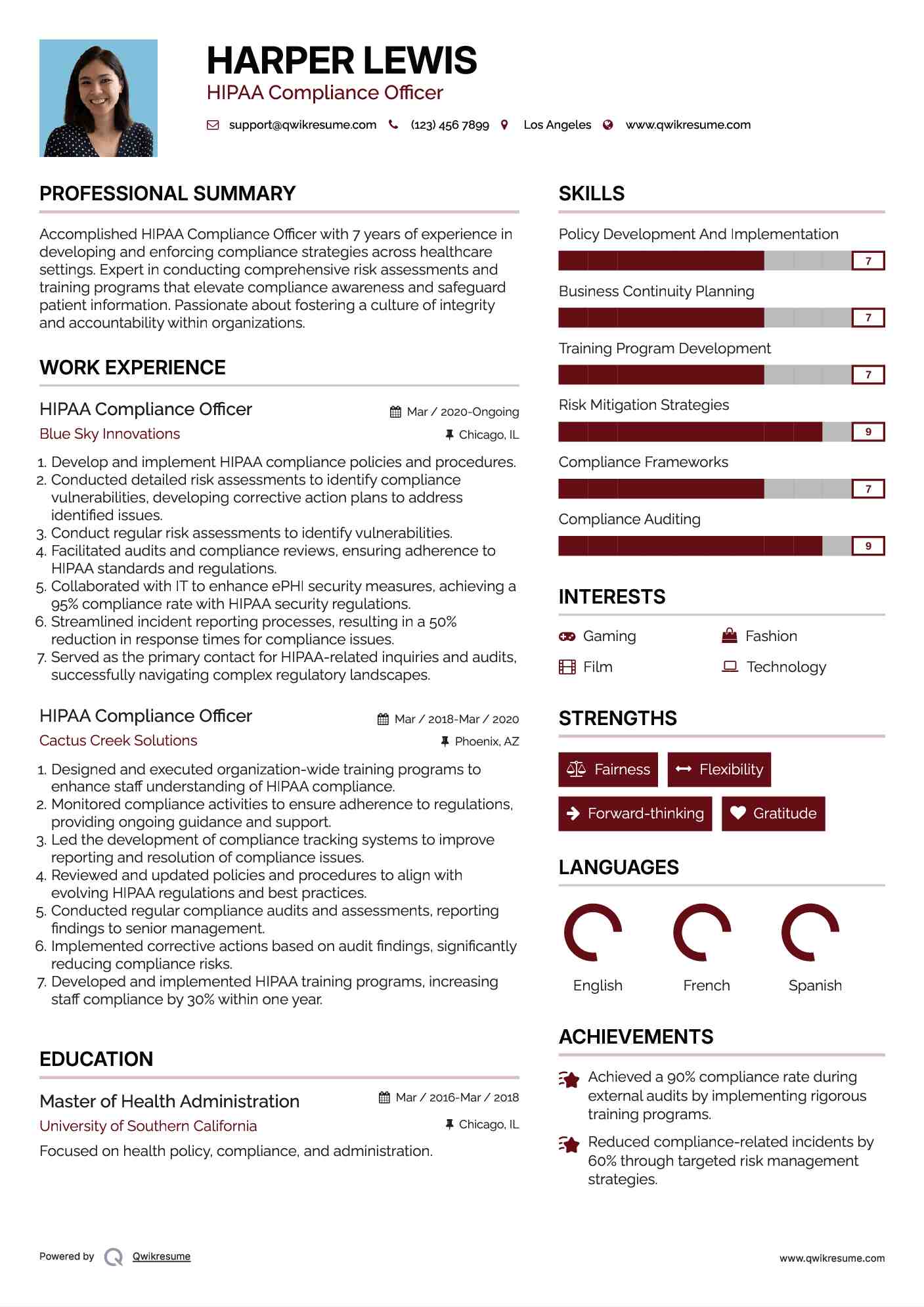 HIPAA Compliance Officer Resume Sample