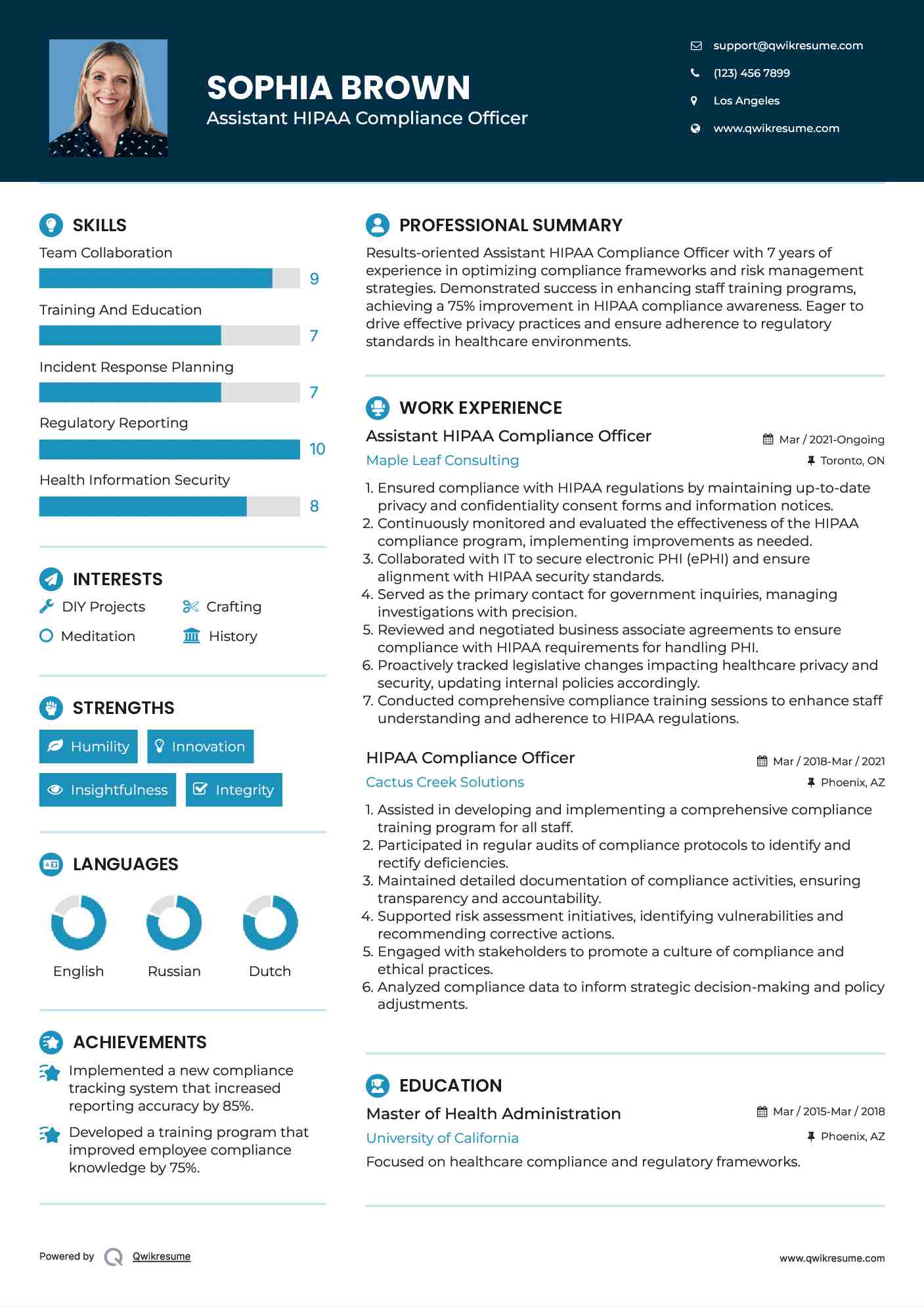 Assistant HIPAA Compliance Officer Resume Template