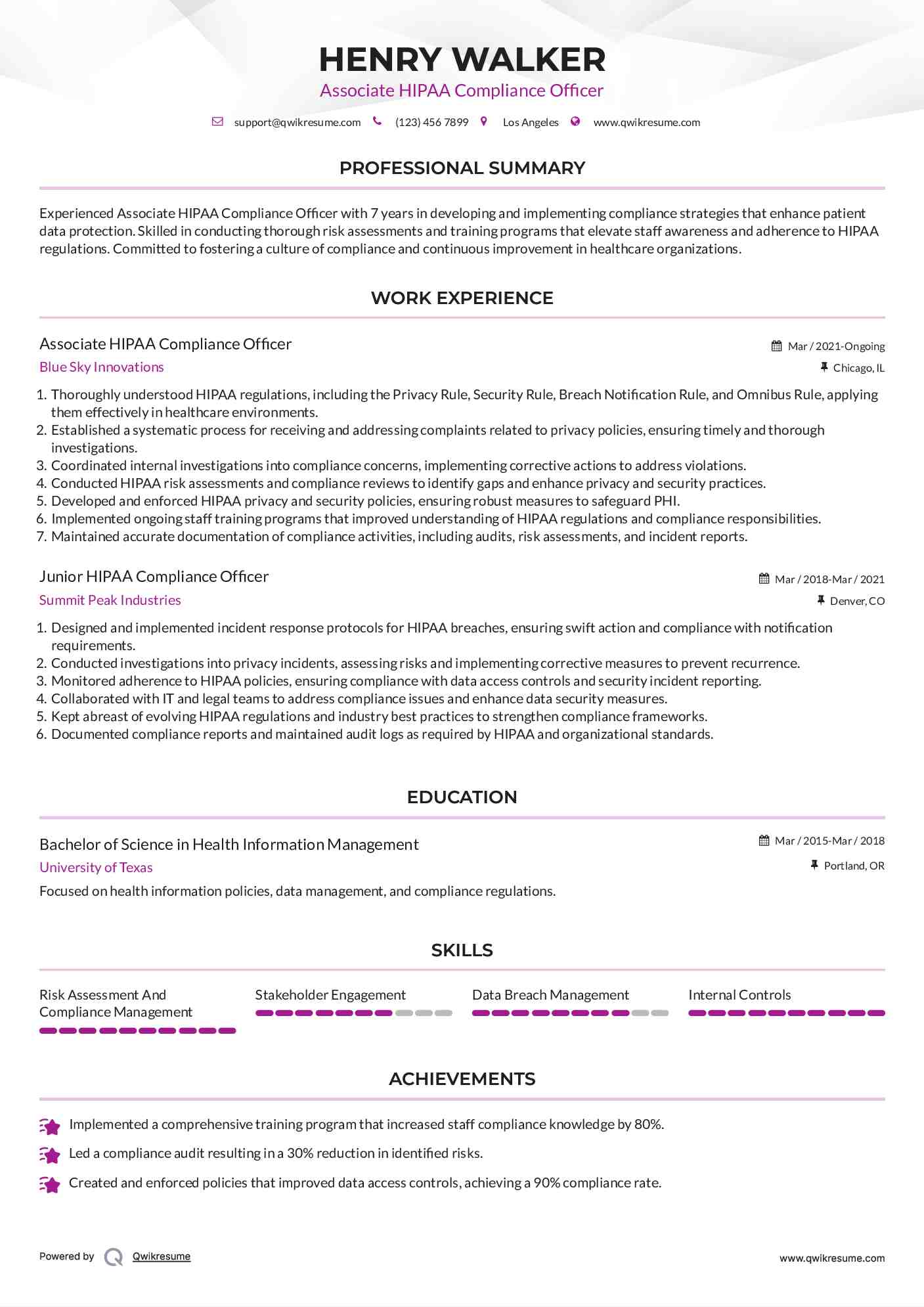 Associate HIPAA Compliance Officer Resume Template