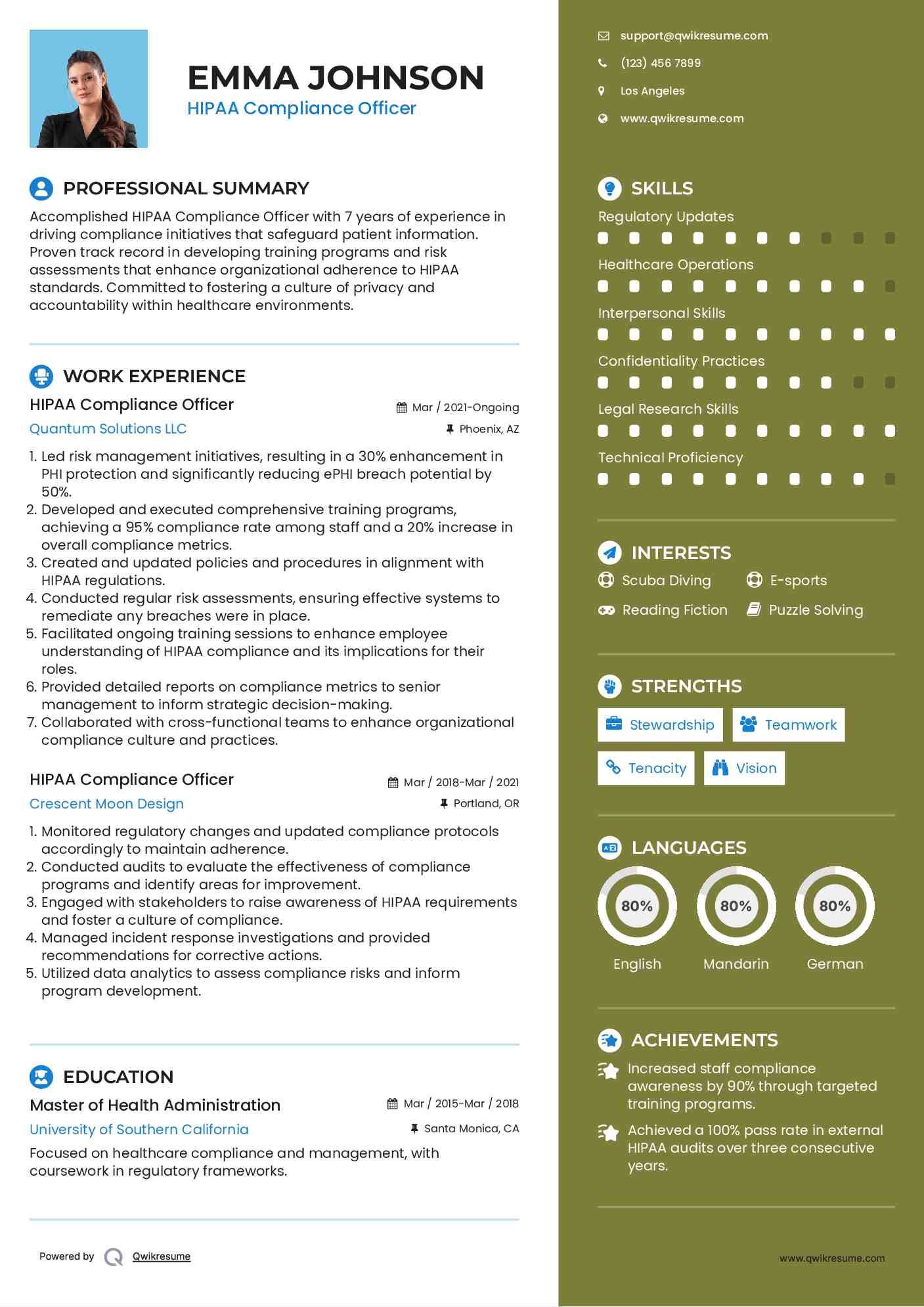 HIPAA Compliance Officer Resume Sample