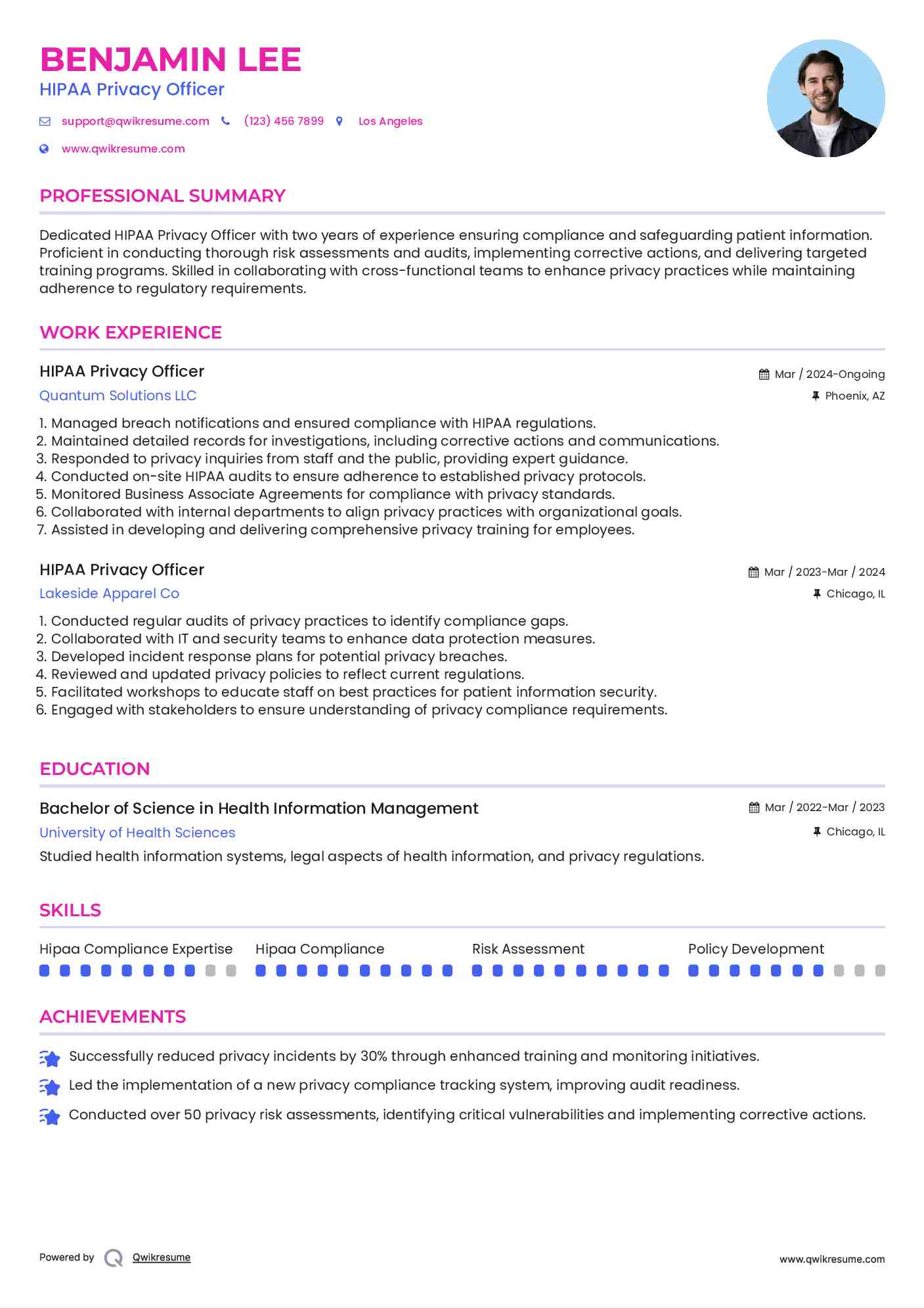 HIPAA Privacy Officer Resume Format