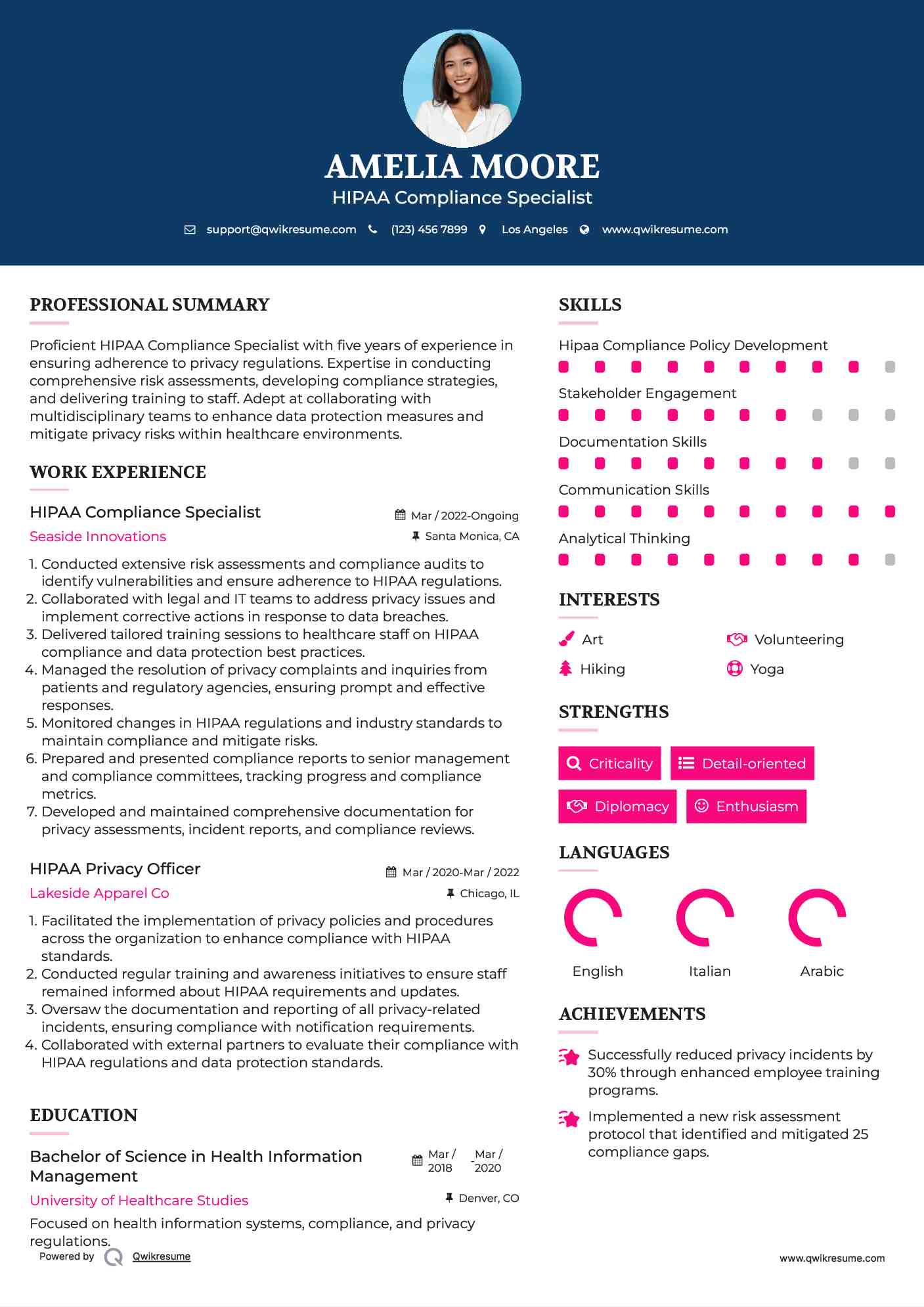 HIPAA Compliance Specialist Resume Sample