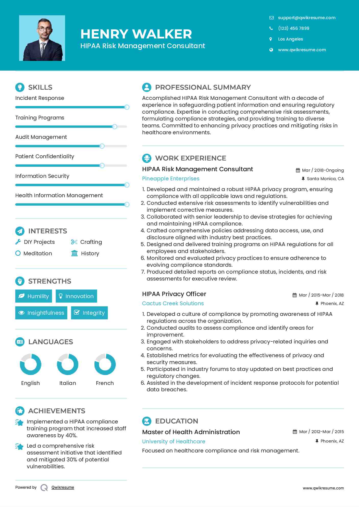 HIPAA Risk Management Consultant Resume Template