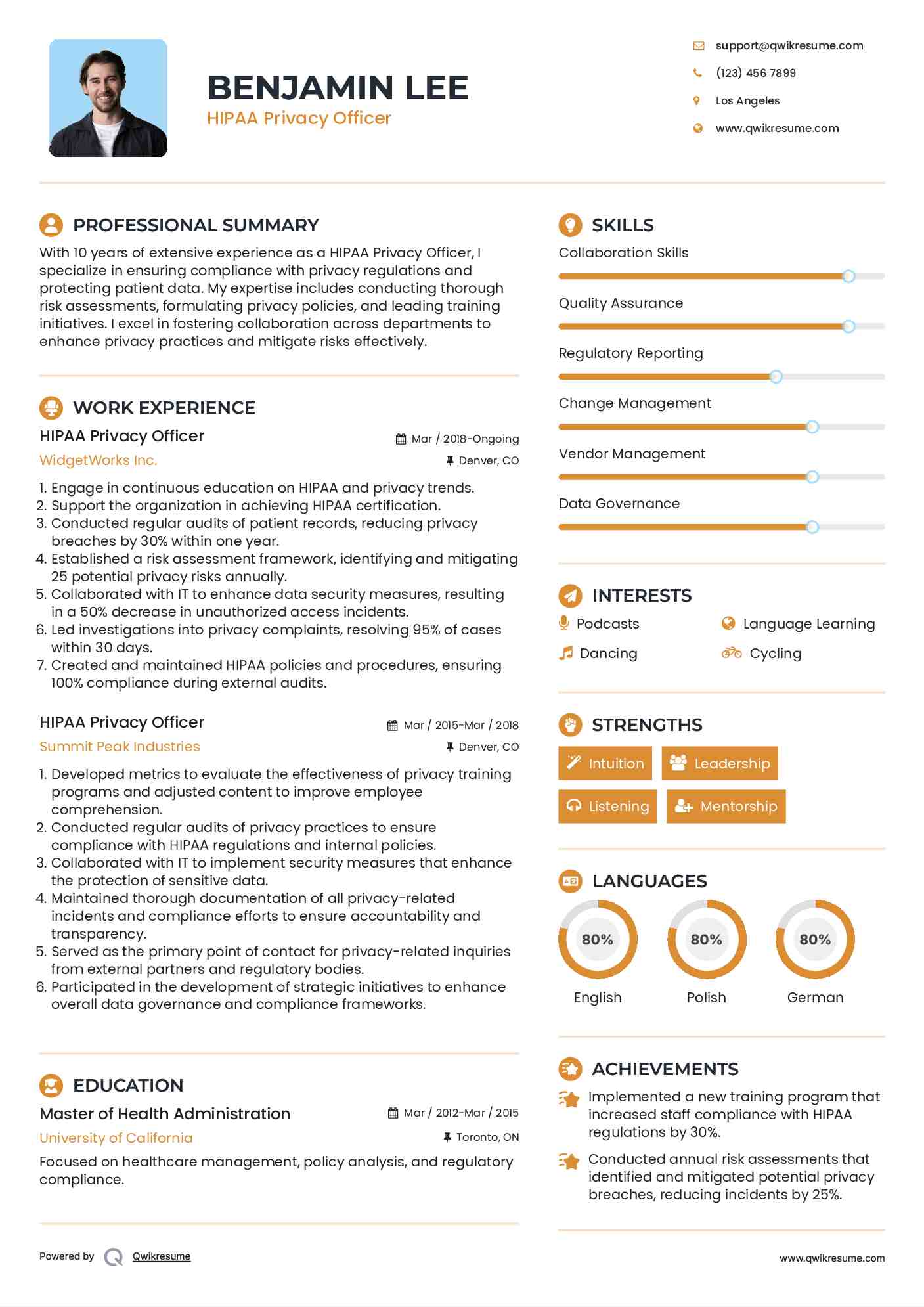 HIPAA Privacy Officer Resume Example