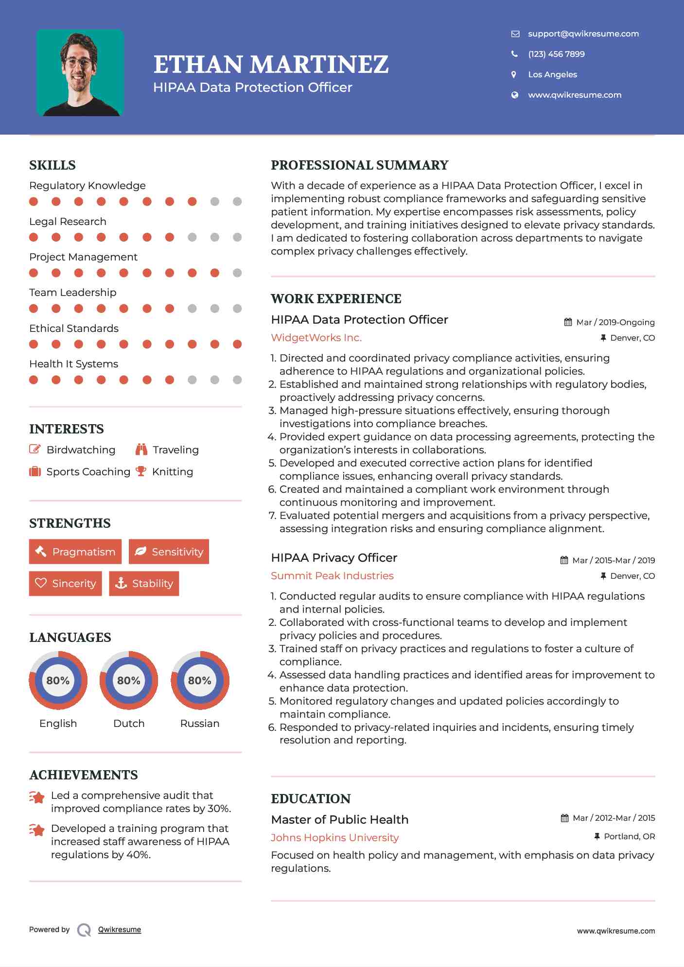 HIPAA Data Protection Officer Resume Example