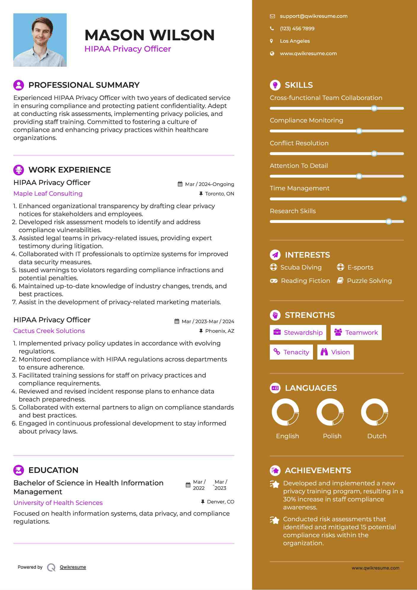 HIPAA Privacy Officer Resume Sample