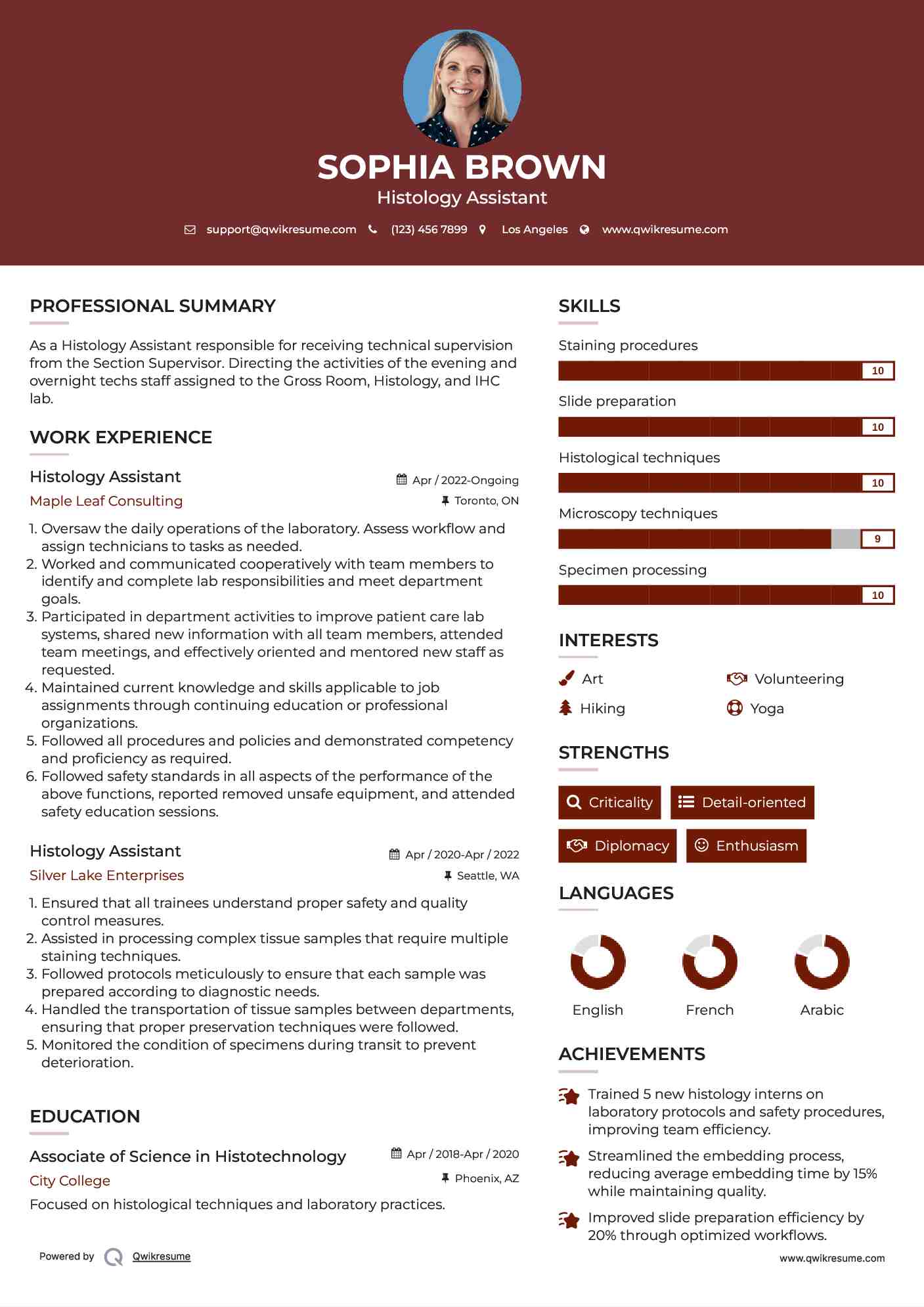 Histology Assistant Resume Example