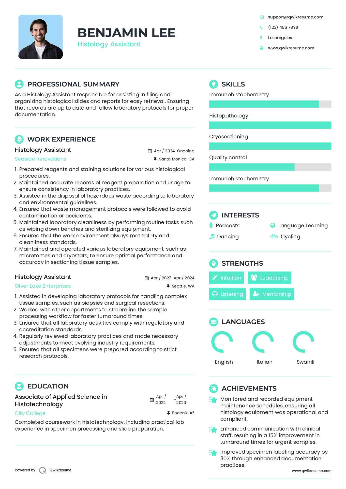 Histology Assistant Resume Sample