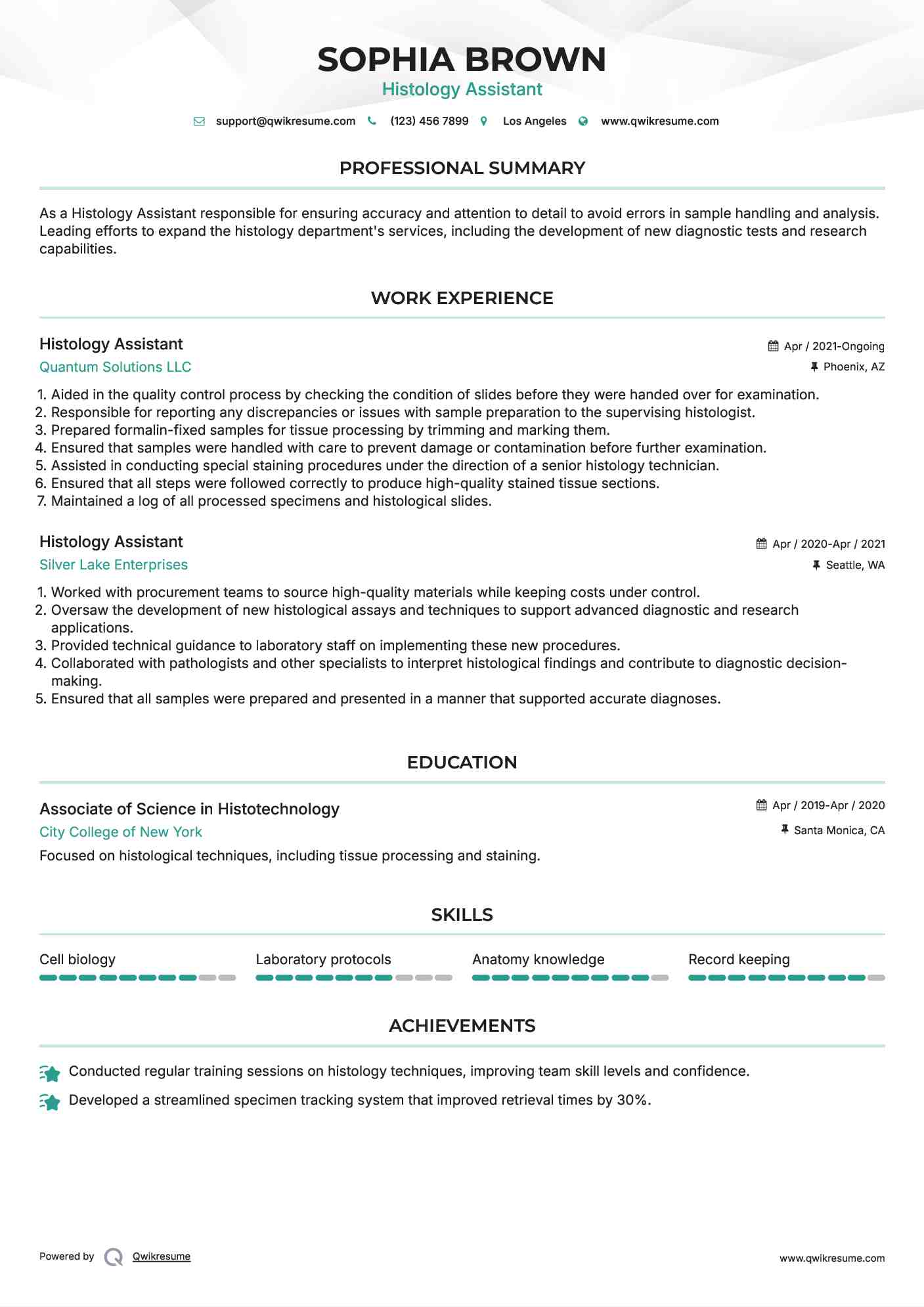 Histology Assistant Resume Sample