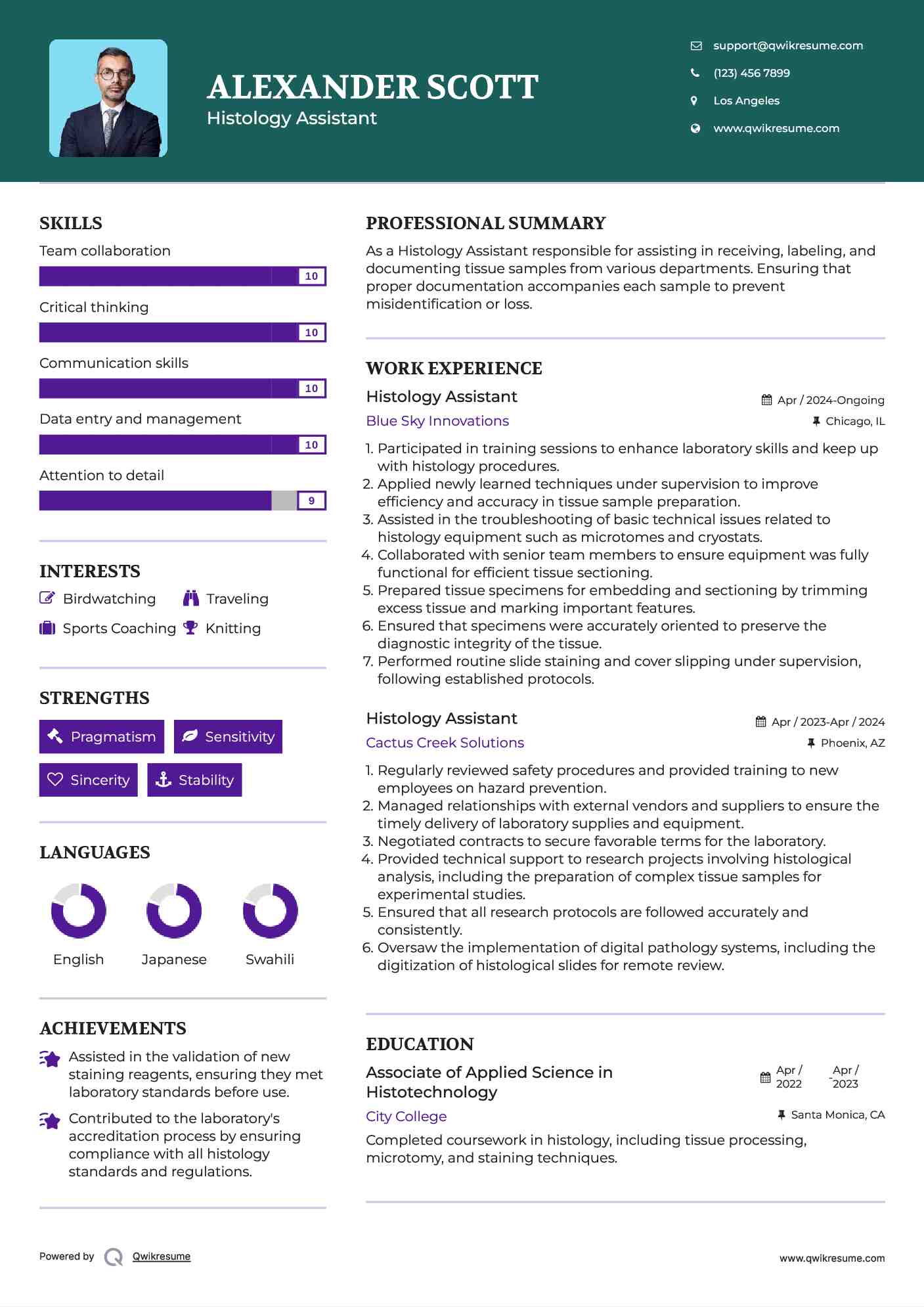 Histology Assistant Resume Example