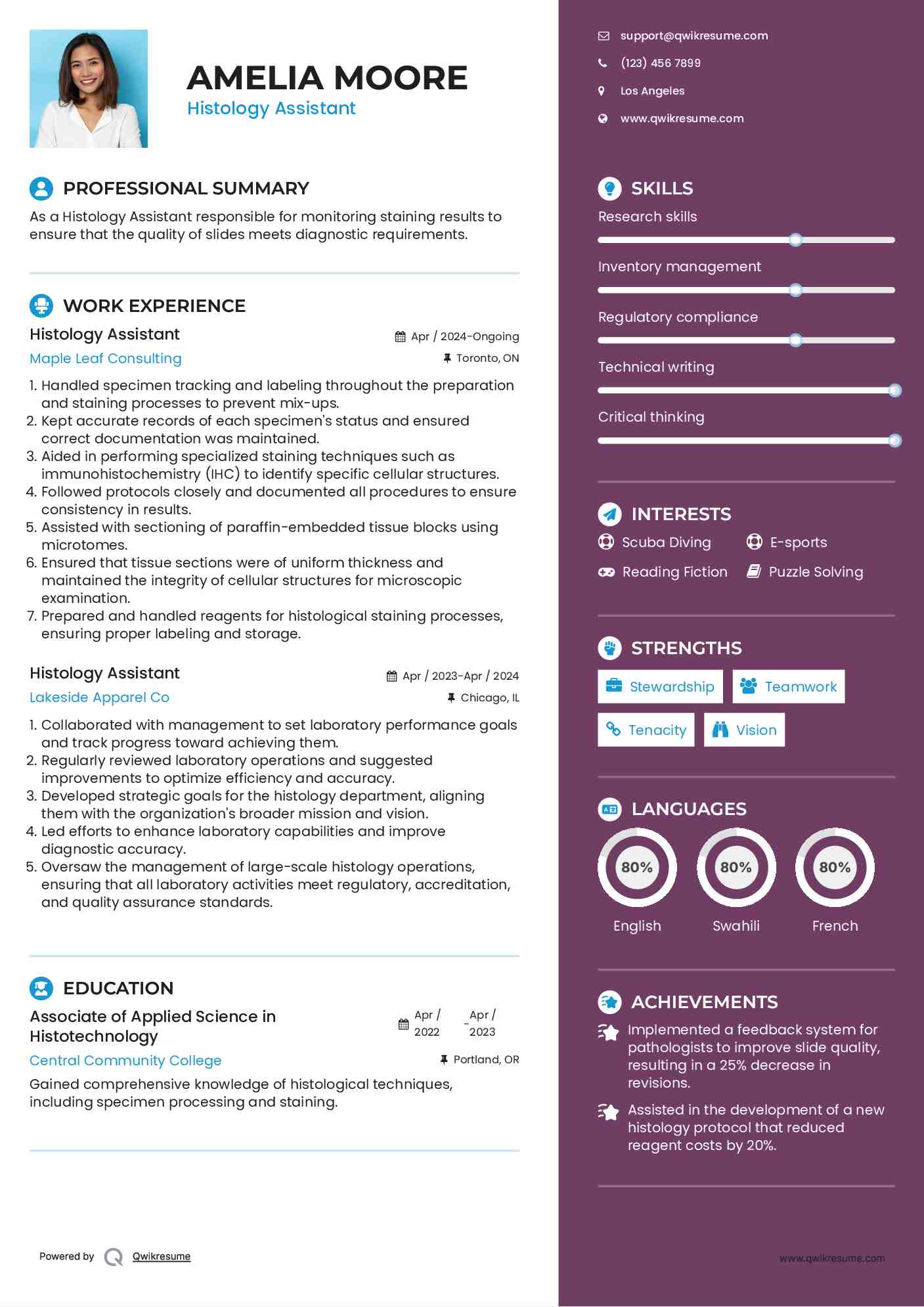 Histology Assistant Resume Template