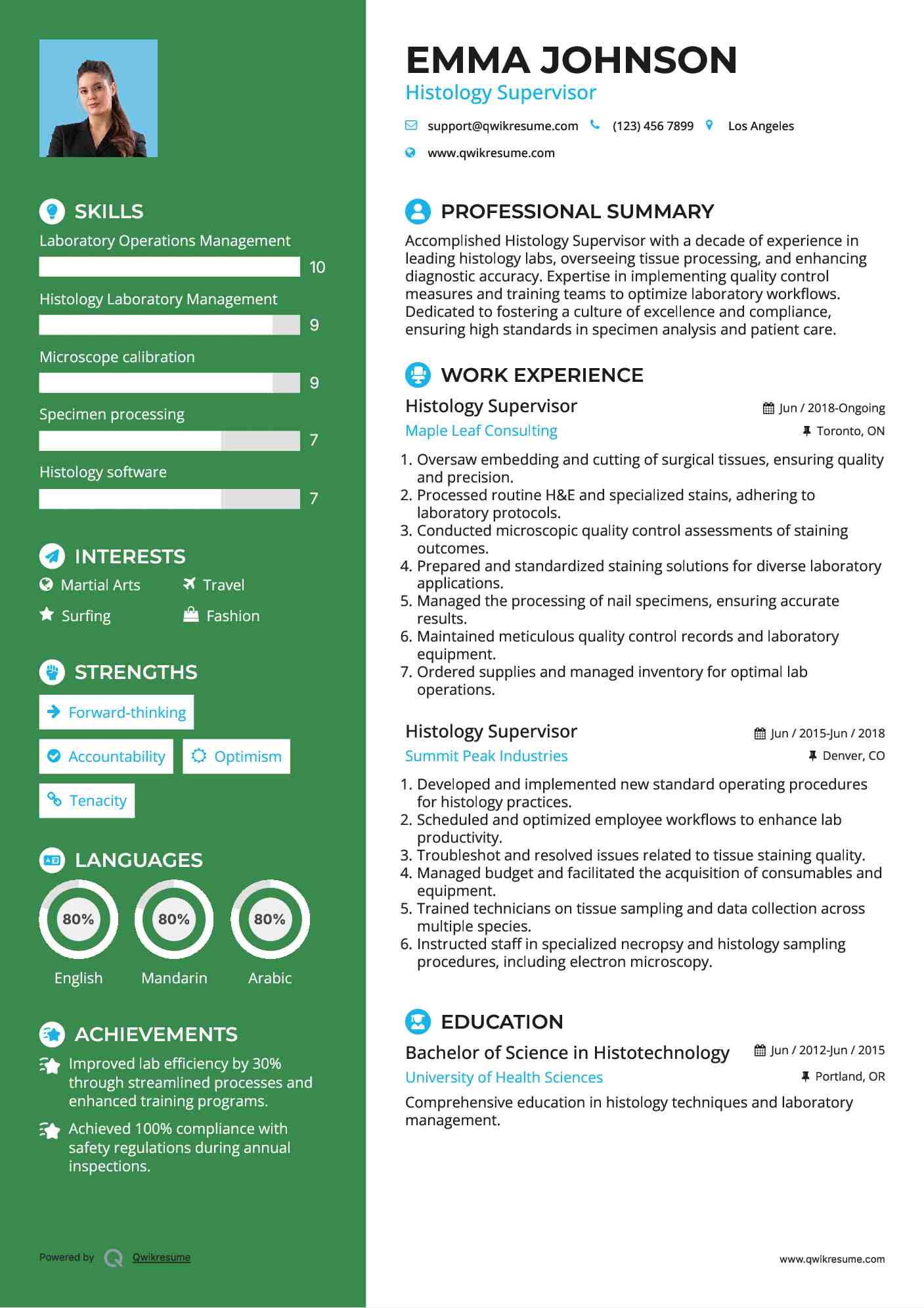 Histology Supervisor Resume Example