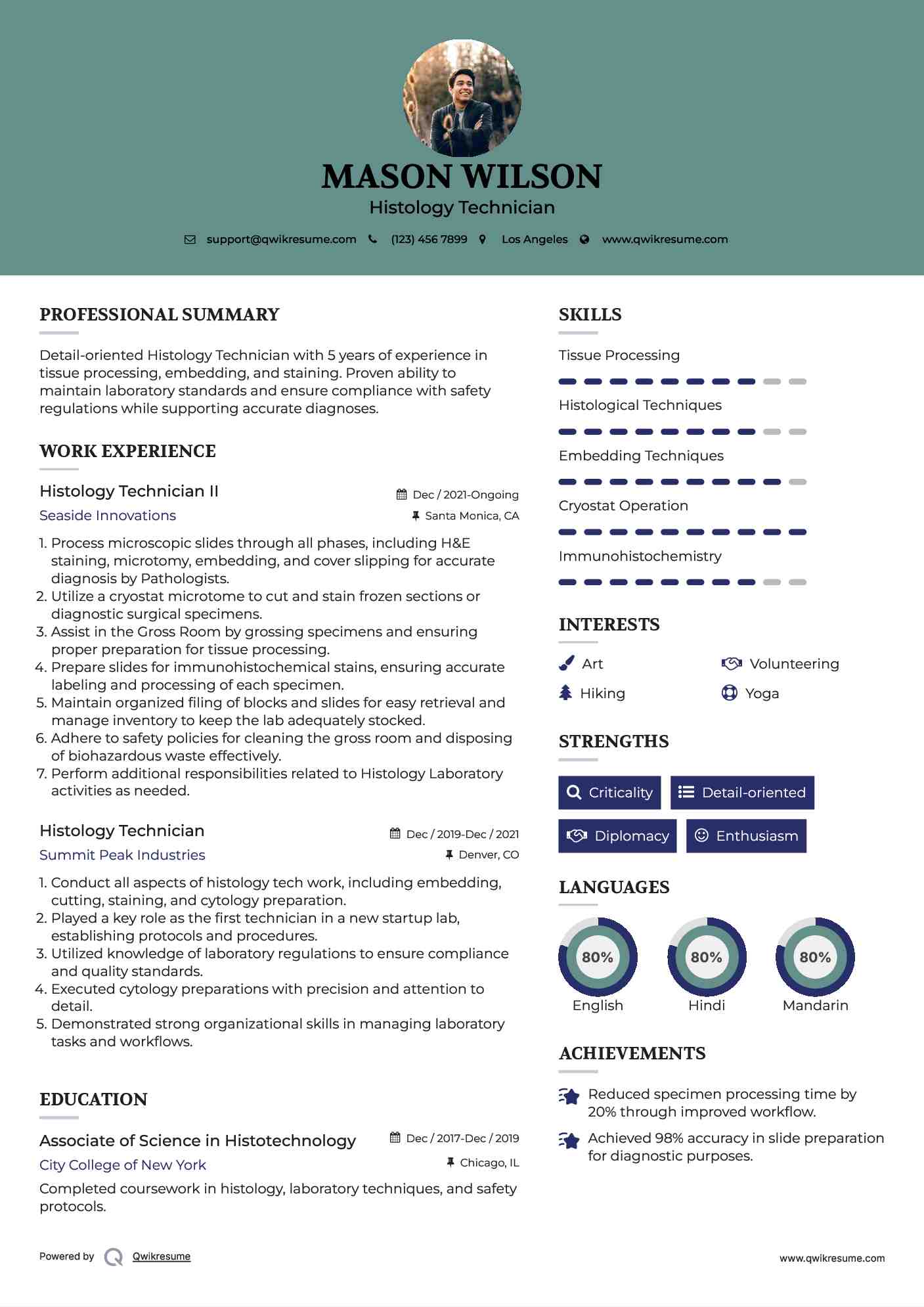 Histology Technician Resume Samples QwikResume