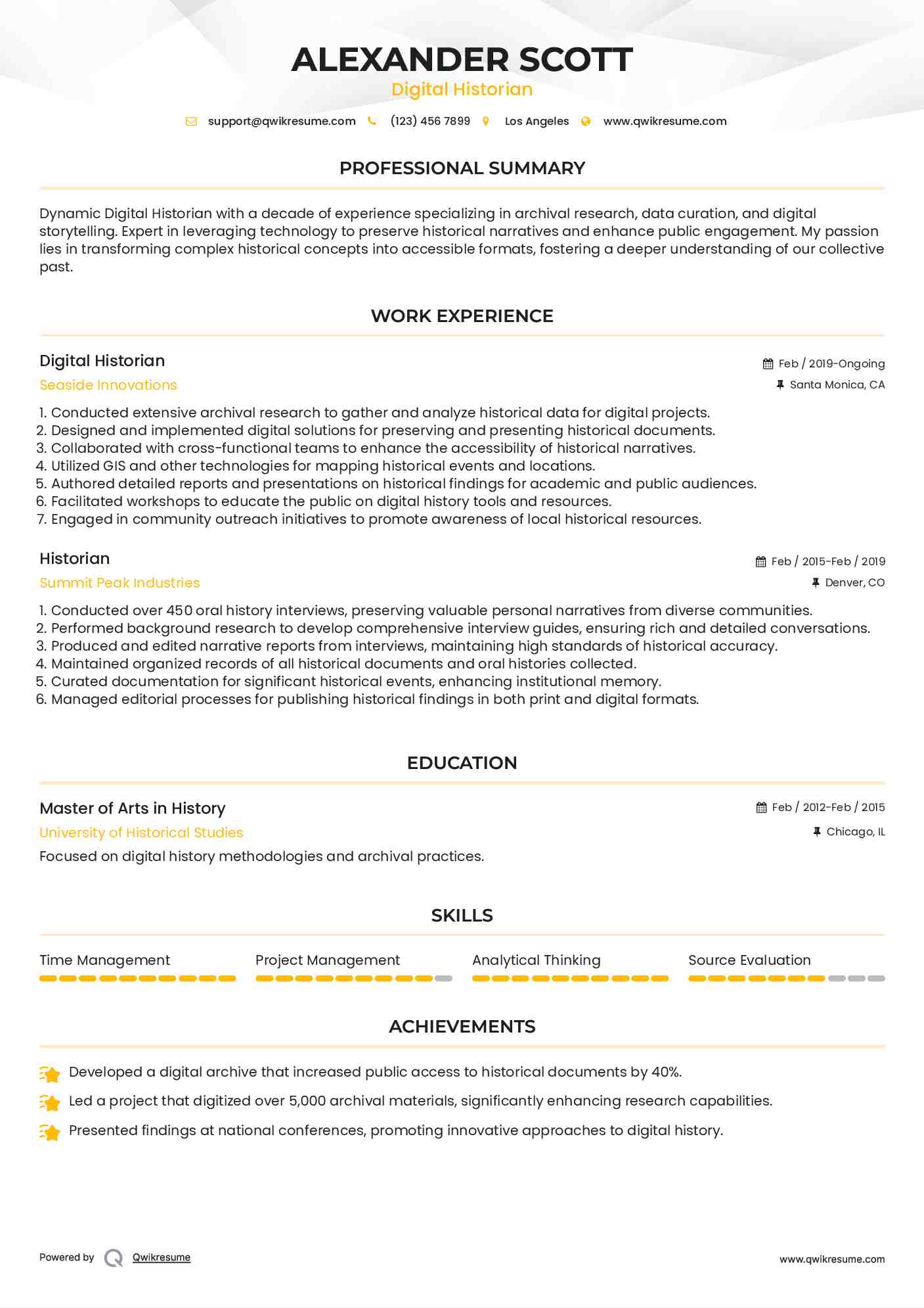 Digital Historian Resume Example