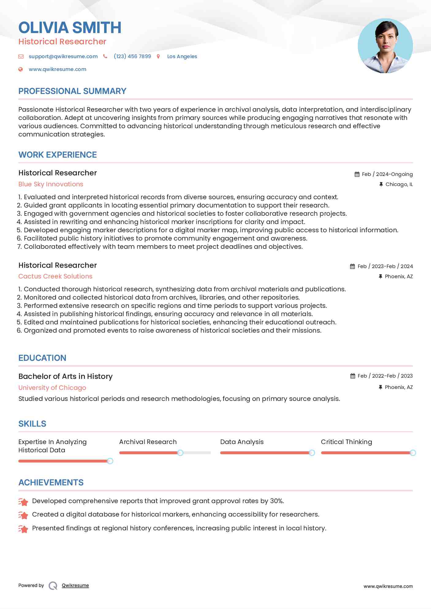 Historical Researcher Resume Sample