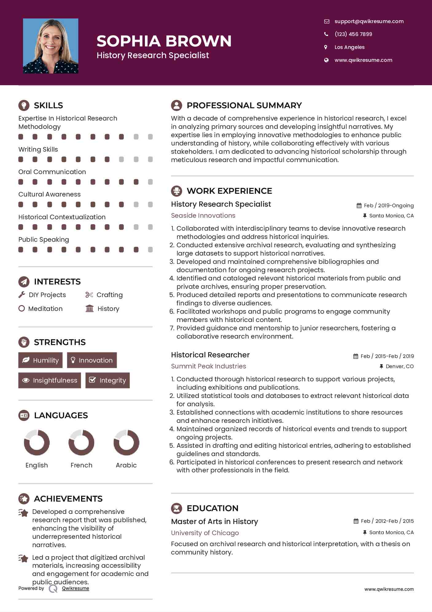 History Research Specialist Resume Example